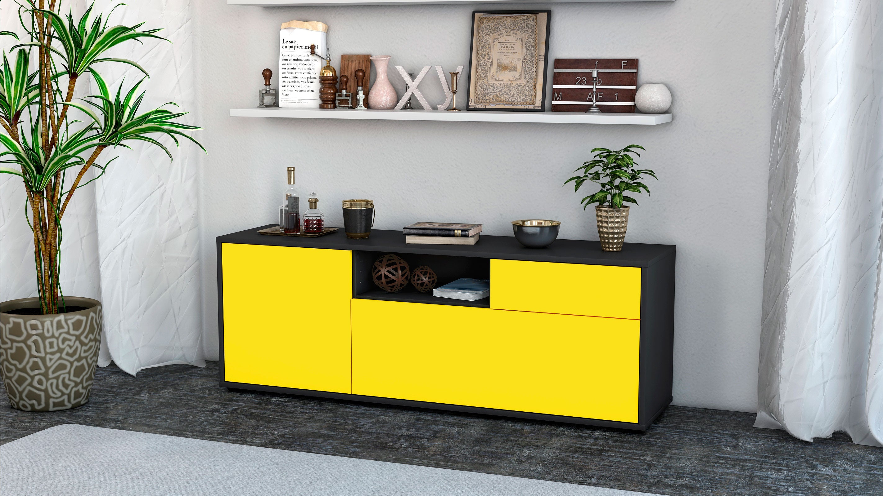 Lowboard - Amila - Design Farbakzent - Freistehend mit Push to Open 136 cm Anthrazit