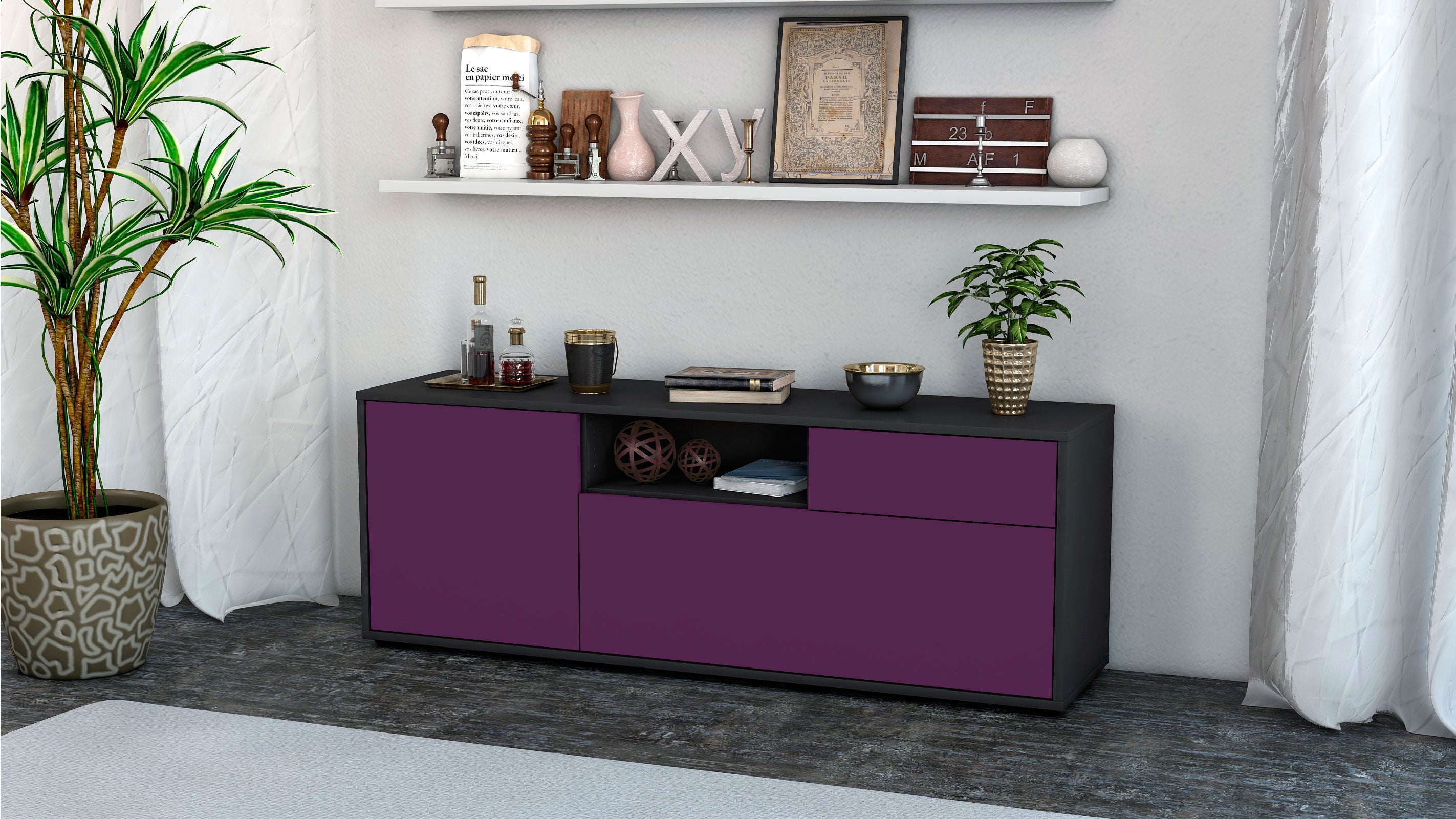 Lowboard - Amila - Design Farbakzent - Freistehend mit Push to Open 136 cm Anthrazit