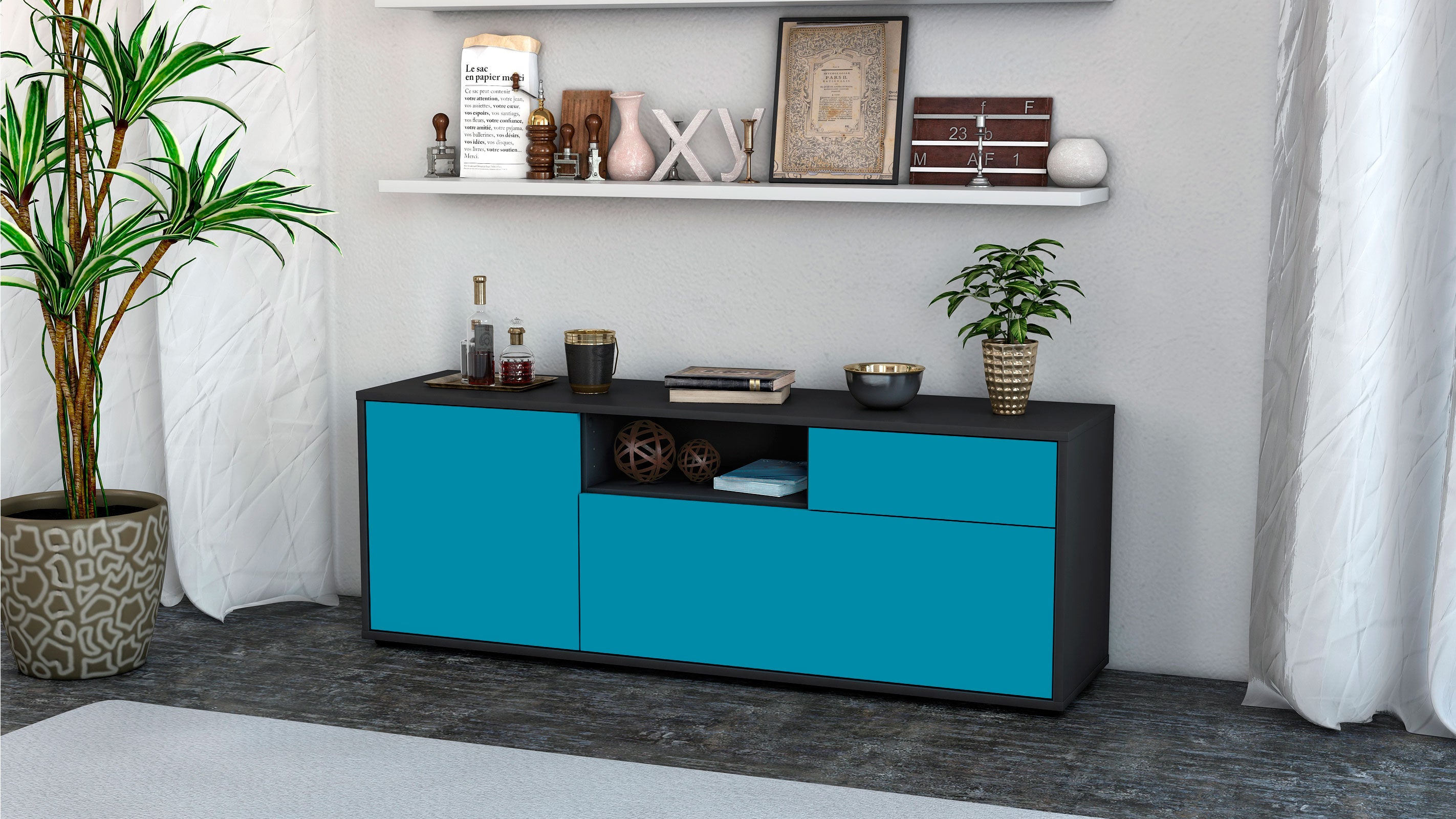 Lowboard - Amila - Design Farbakzent - Freistehend mit Push to Open 136 cm Anthrazit