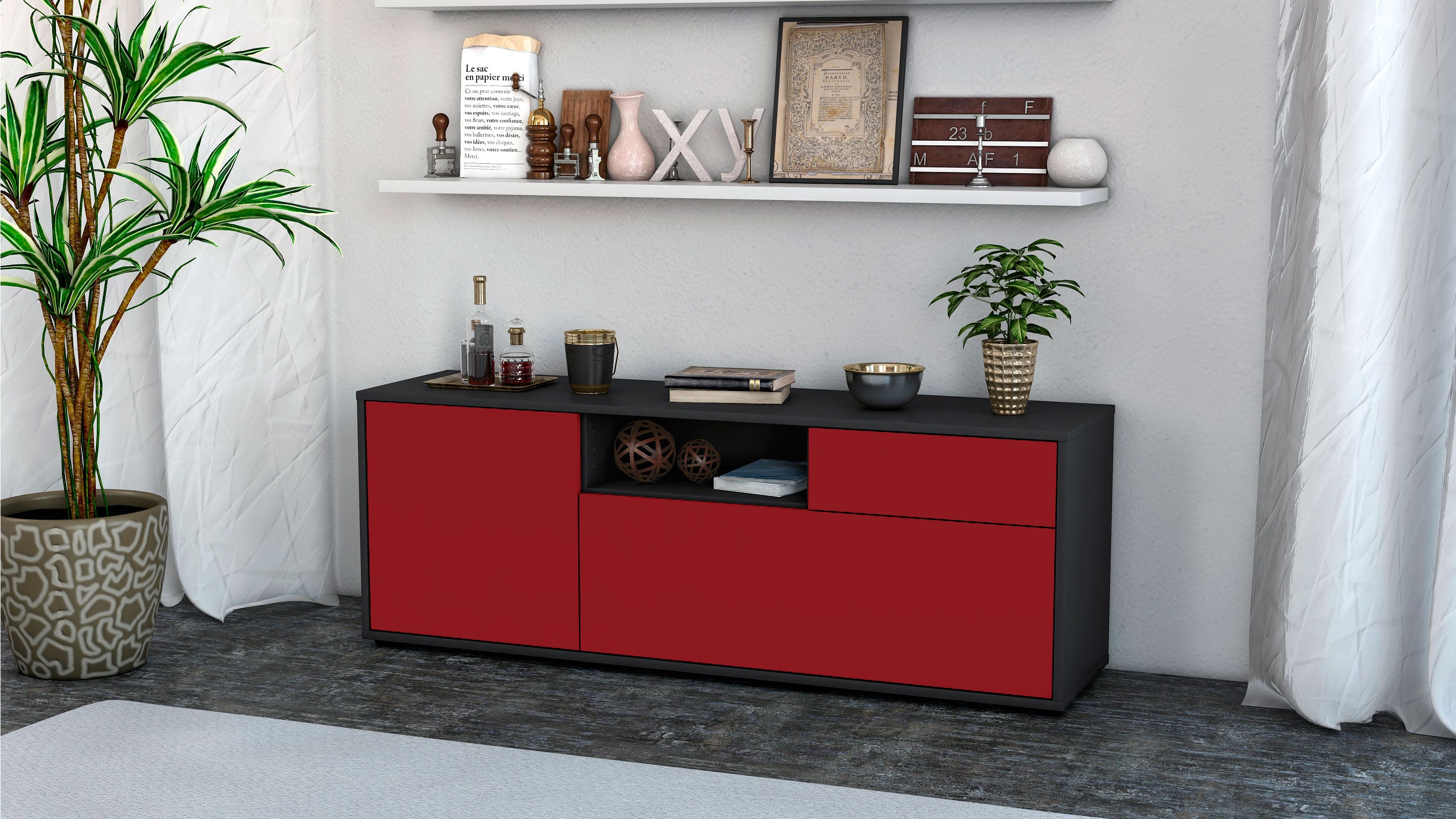 Lowboard - Amila - Design Farbakzent - Freistehend mit Push to Open 136 cm Anthrazit