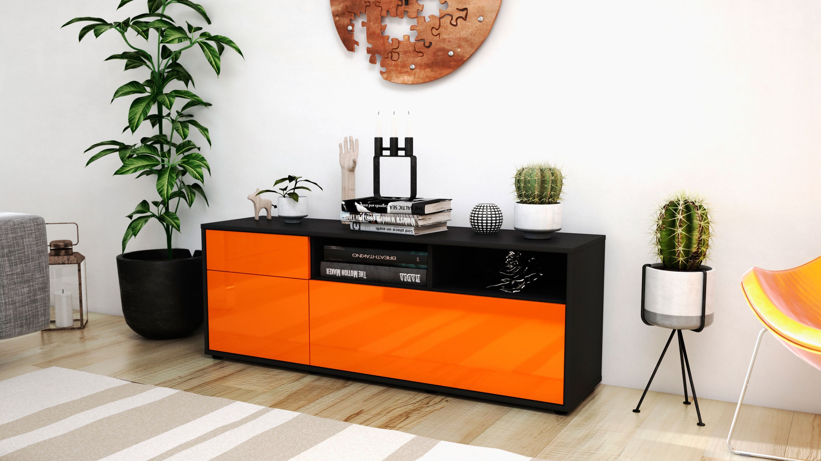 Lowboard - Amisa - Design Hochglanz - Freistehend mit Push to Open 136 cm Anthrazit