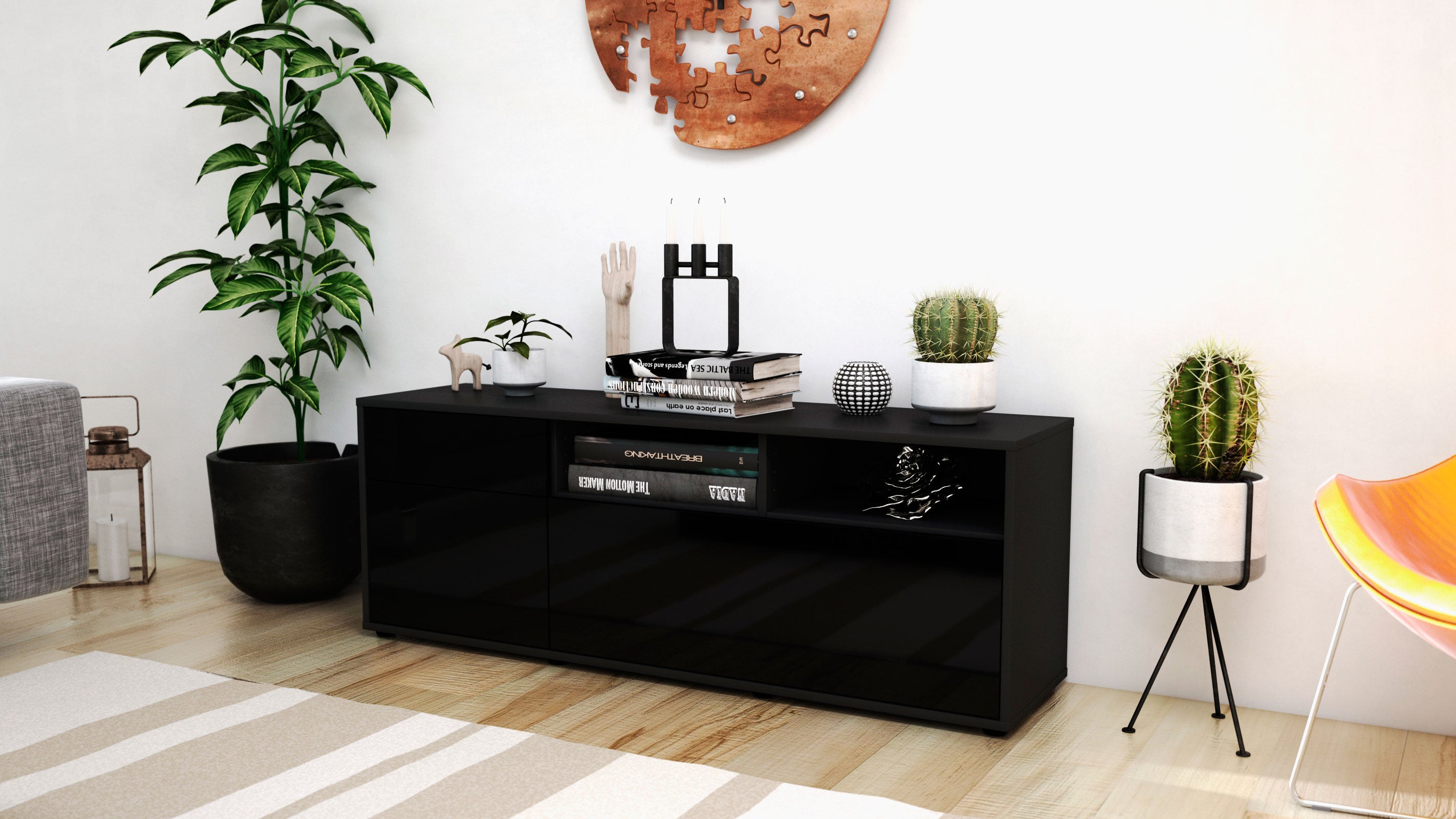Lowboard - Amisa - Design Hochglanz - Freistehend mit Push to Open 136 cm Anthrazit