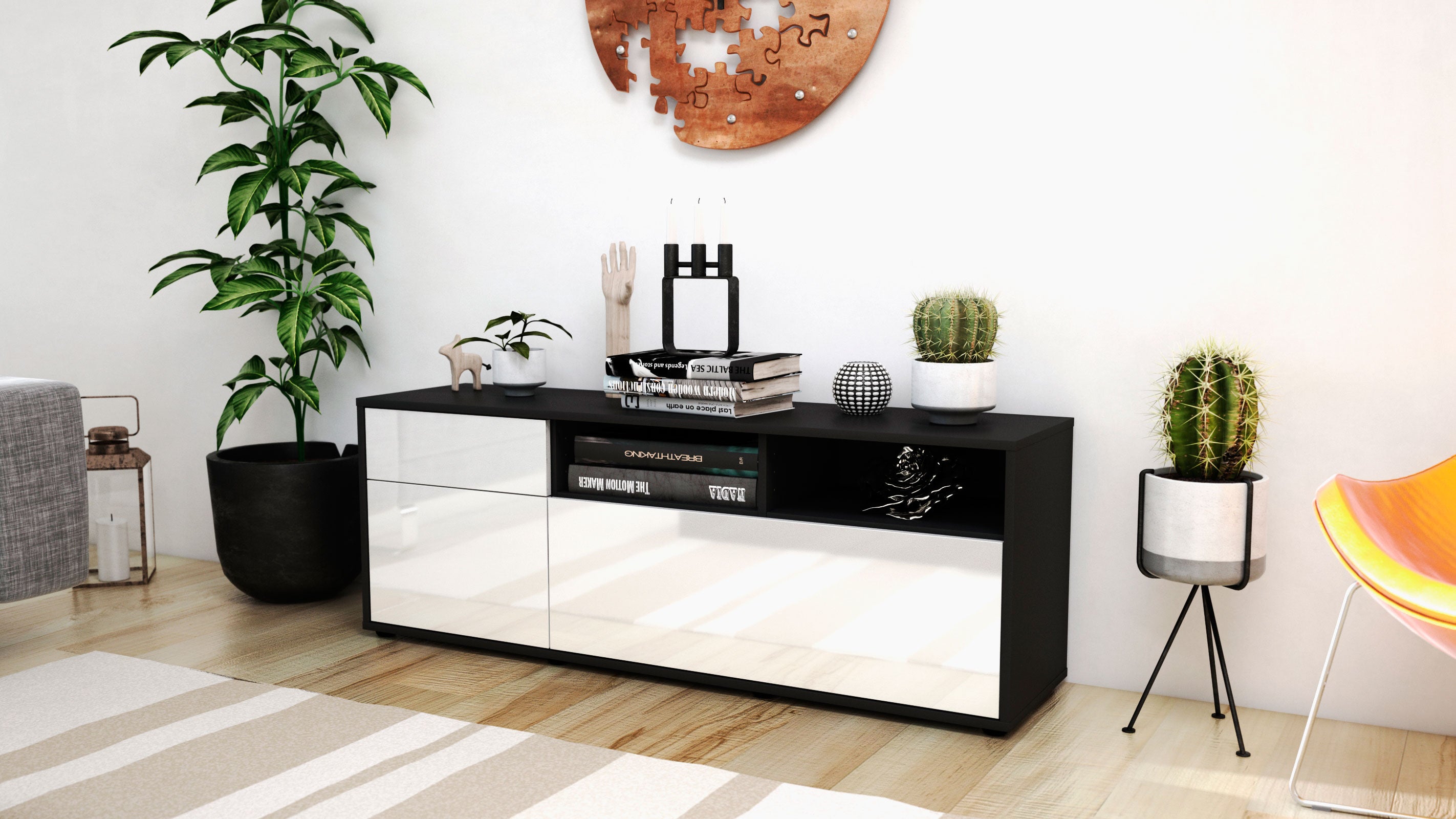 Lowboard - Amisa - Design Hochglanz - Freistehend mit Push to Open 136 cm Anthrazit