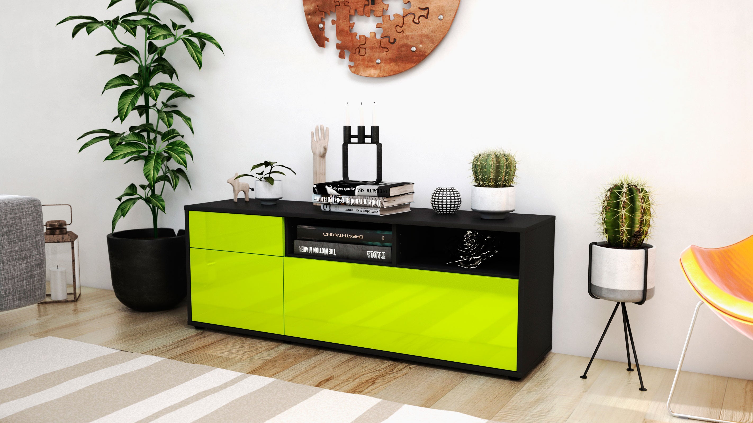 Lowboard - Amisa - Design Hochglanz - Freistehend mit Push to Open 136 cm Anthrazit