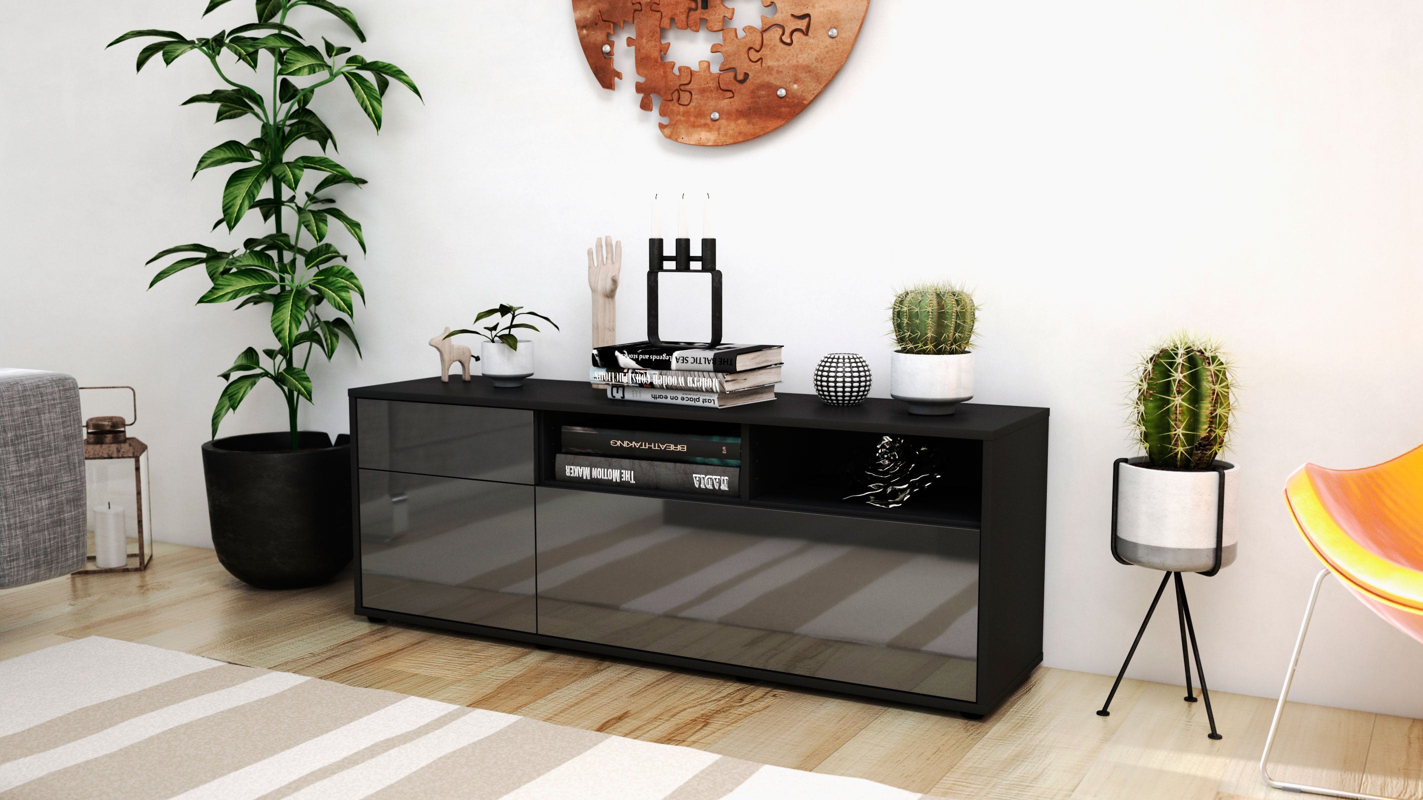 Lowboard - Amisa - Design Hochglanz - Freistehend mit Push to Open 136 cm Anthrazit