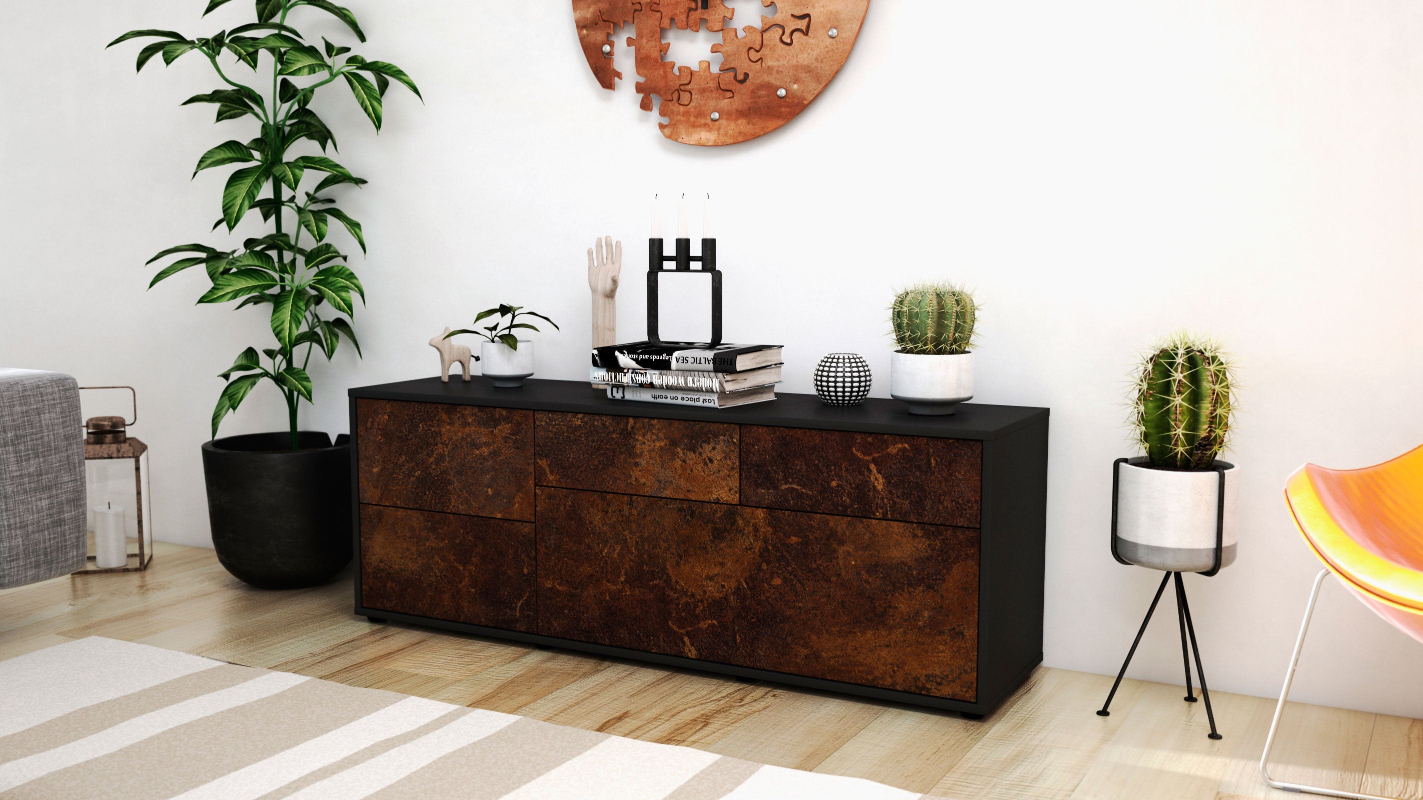 Lowboard - Anais - Design Industrie Stil - Freistehend mit Push to Open 136 cm Anthrazit