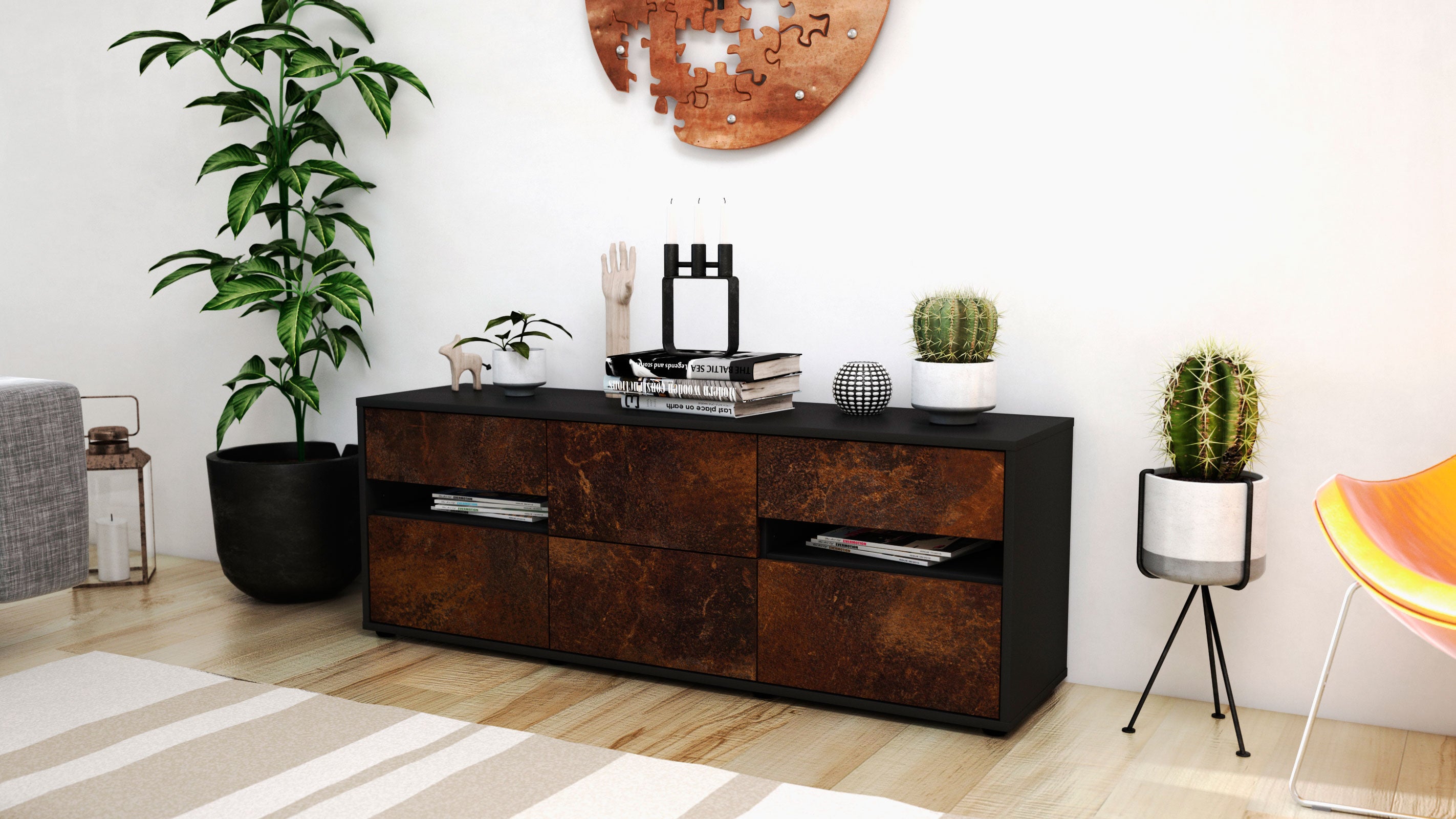 Lowboard - Andrea - Design Industrie Stil - Freistehend mit Push to Open 136 cm Anthrazit
