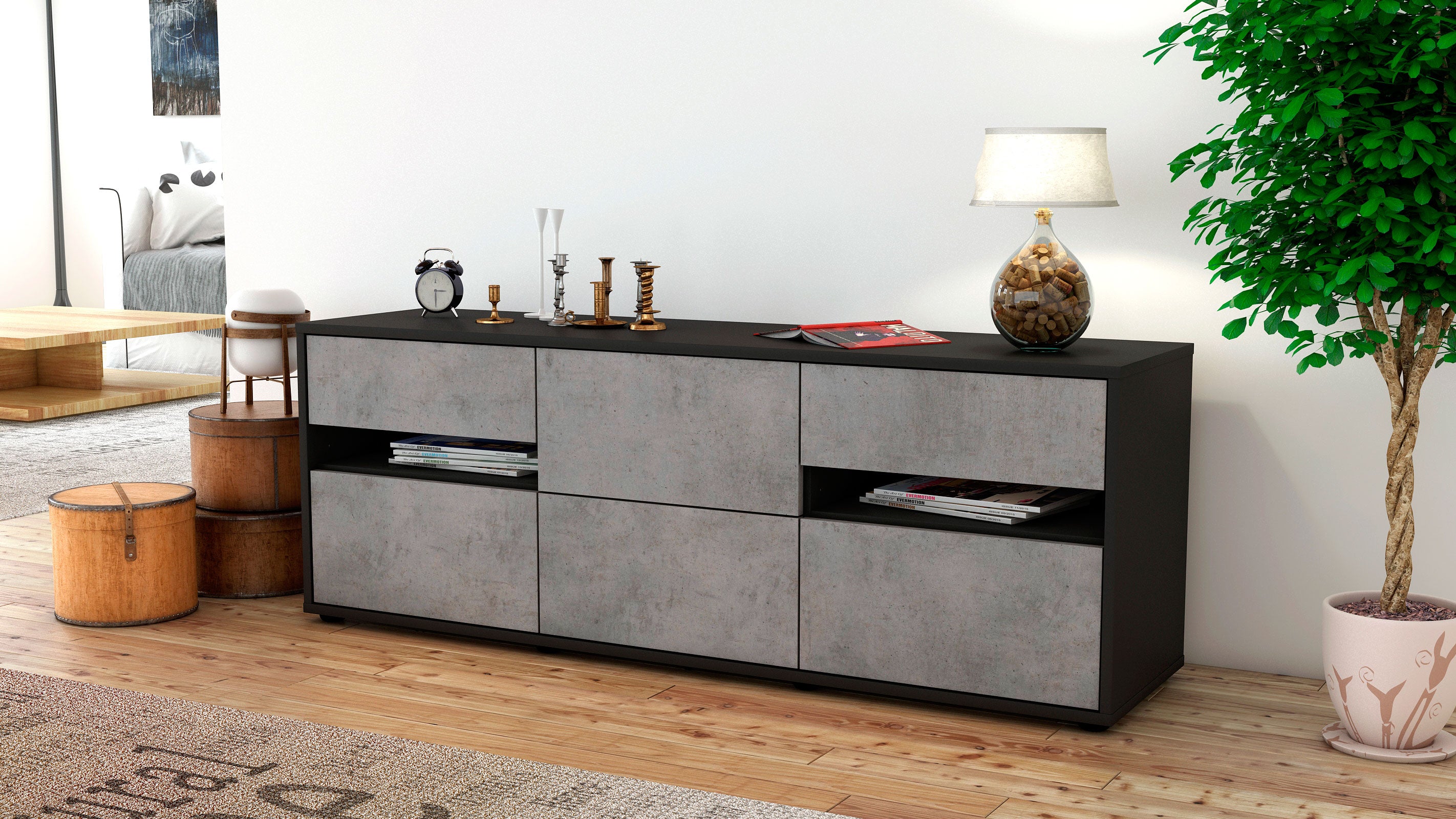 Lowboard - Andrea - Design Industrie Stil - Freistehend mit Push to Open 136 cm Anthrazit