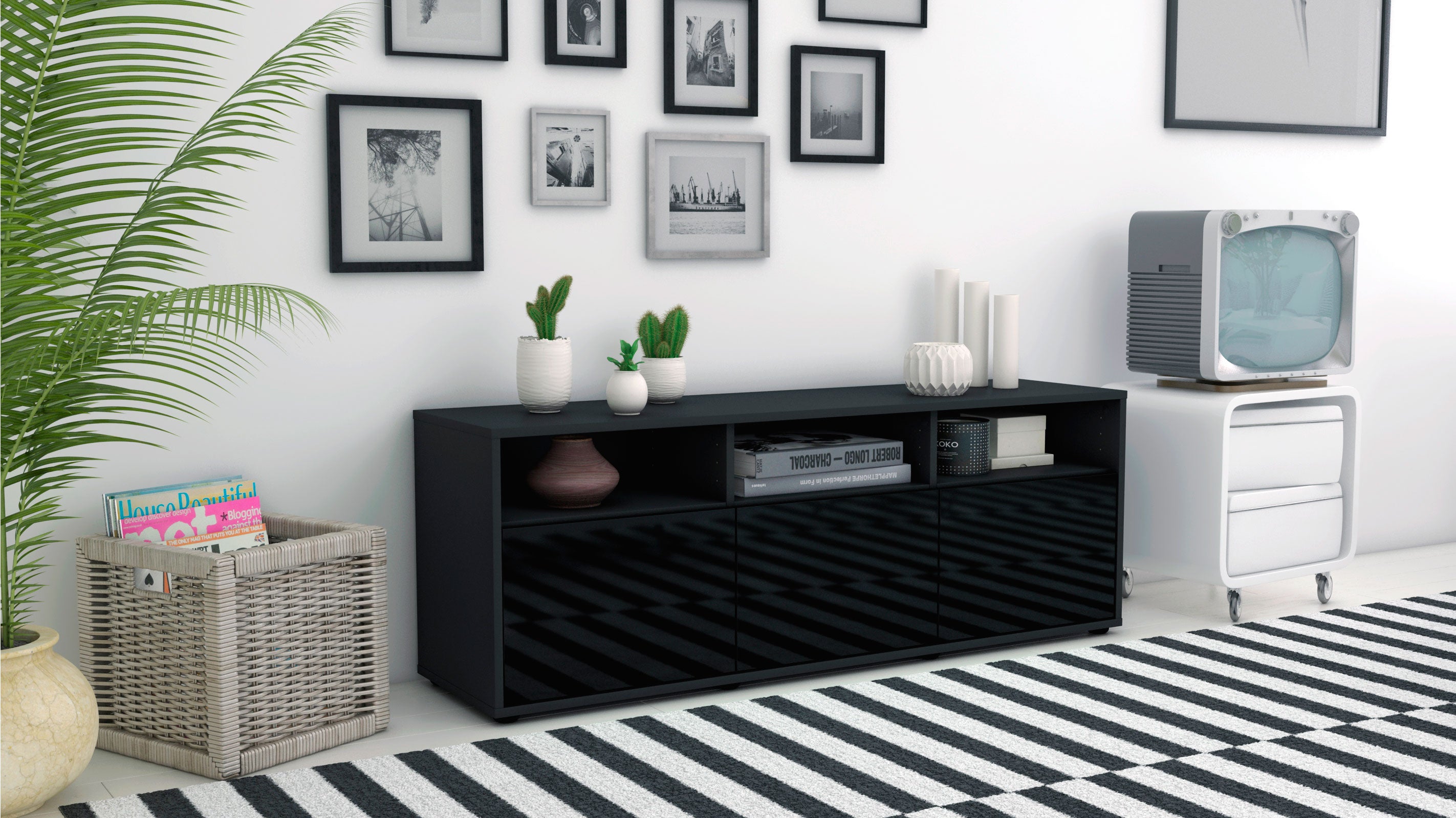 Lowboard - Andrina - Design Hochglanz - Freistehend mit Push to Open 136 cm Anthrazit