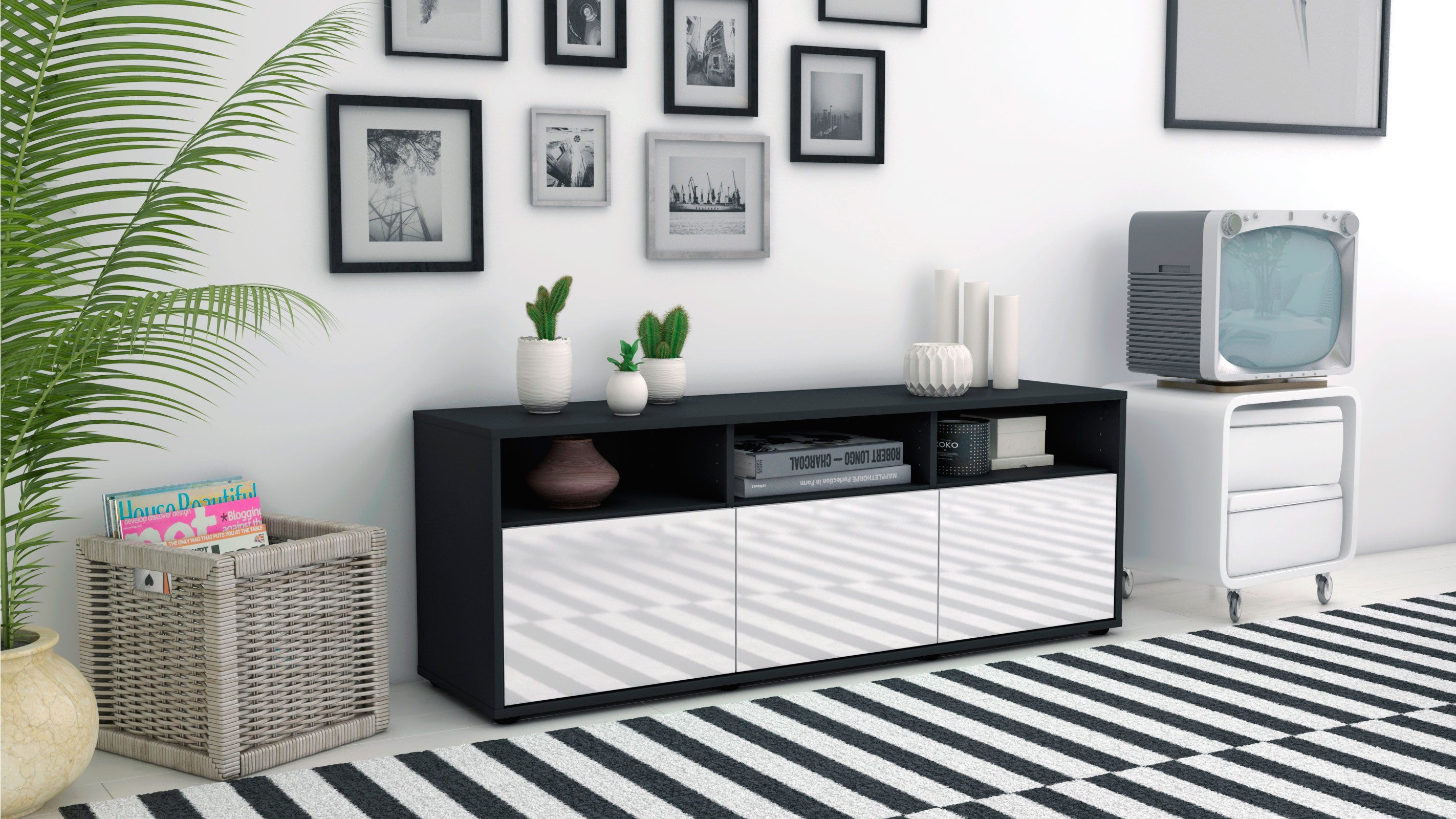 Lowboard - Andrina - Design Hochglanz - Freistehend mit Push to Open 136 cm Anthrazit