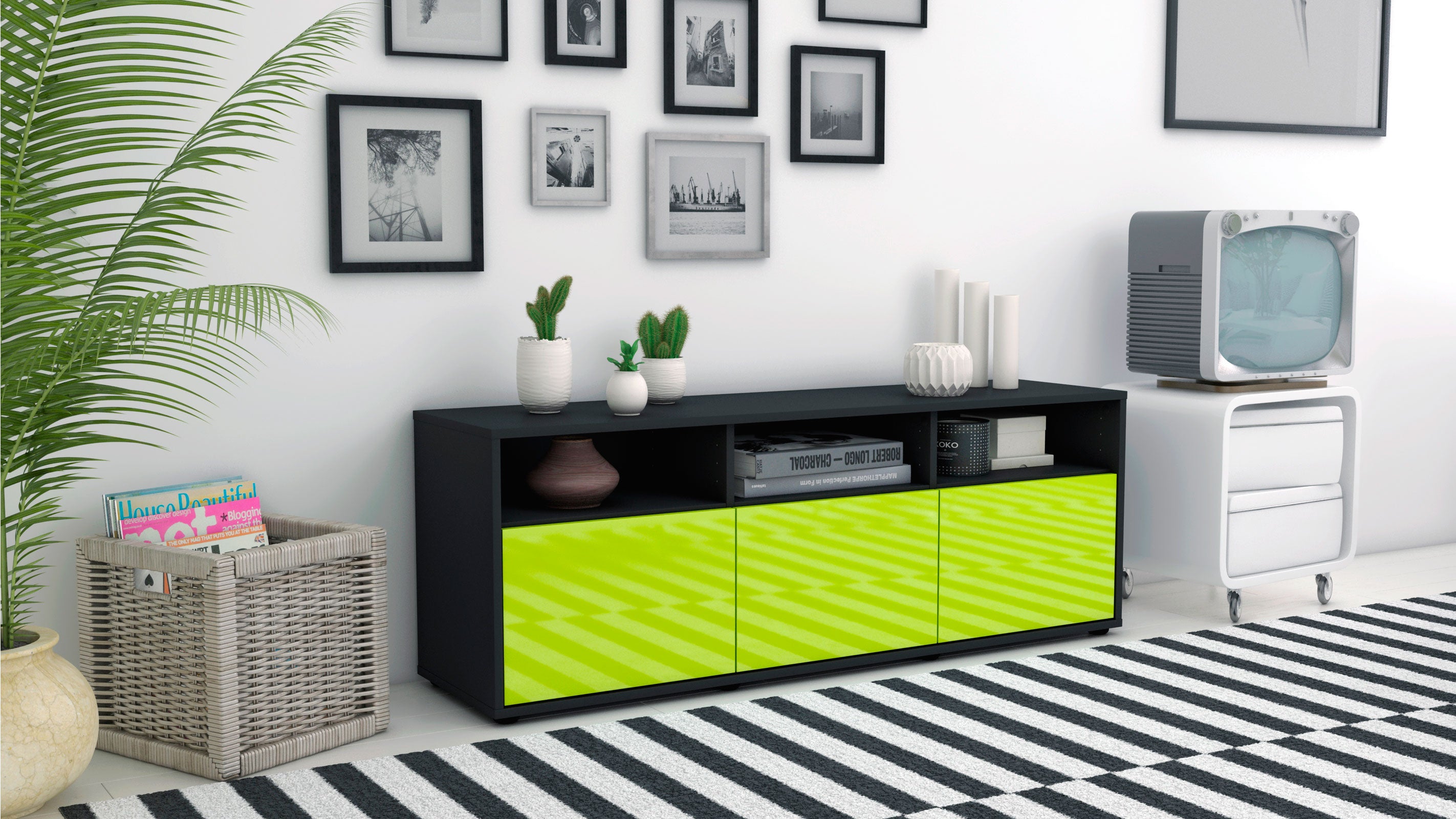 Lowboard - Andrina - Design Hochglanz - Freistehend mit Push to Open 136 cm Anthrazit