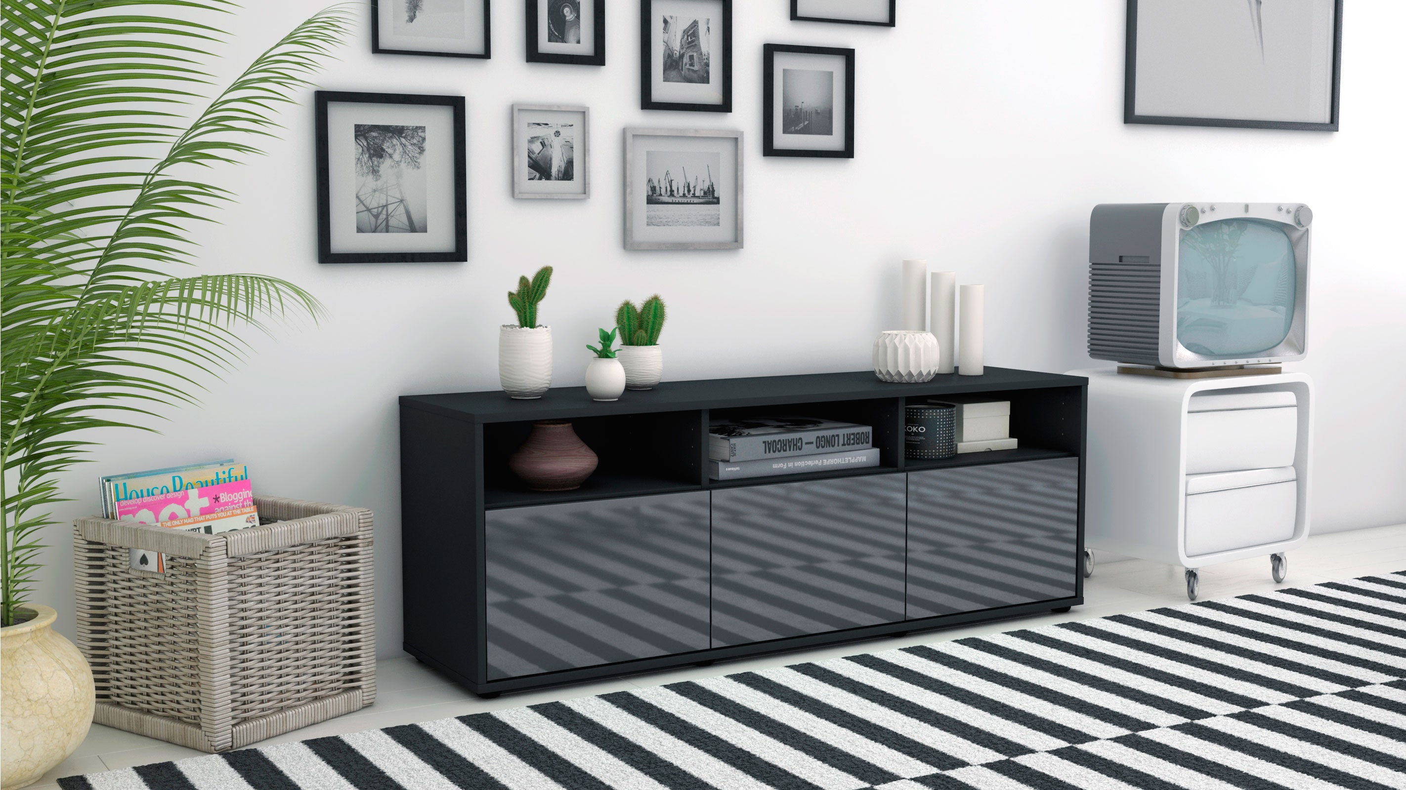 Lowboard - Andrina - Design Hochglanz - Freistehend mit Push to Open 136 cm Anthrazit