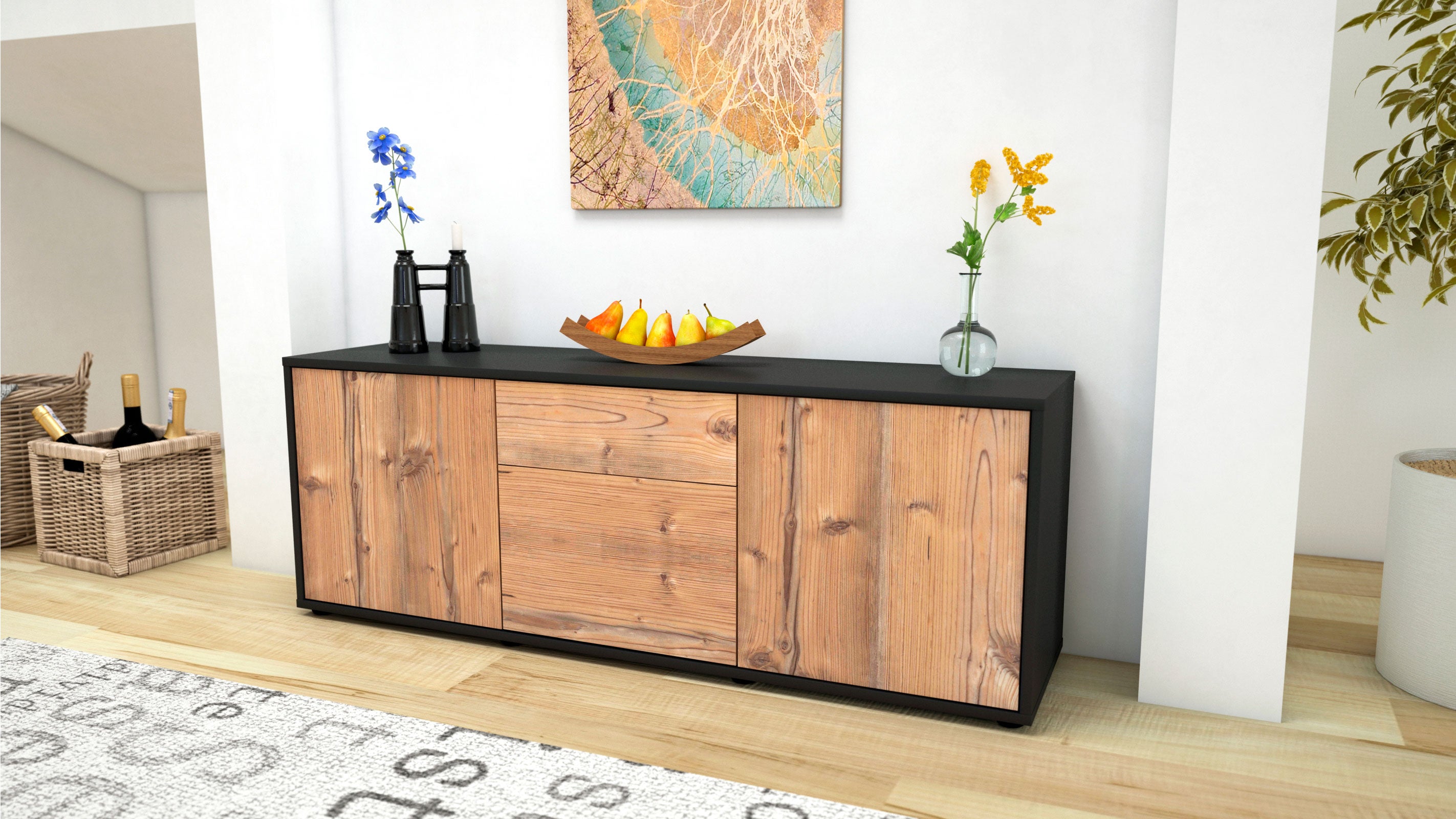Lowboard - Anella - Design Holzdekor - Freistehend mit Push to Open 136 cm Anthrazit
