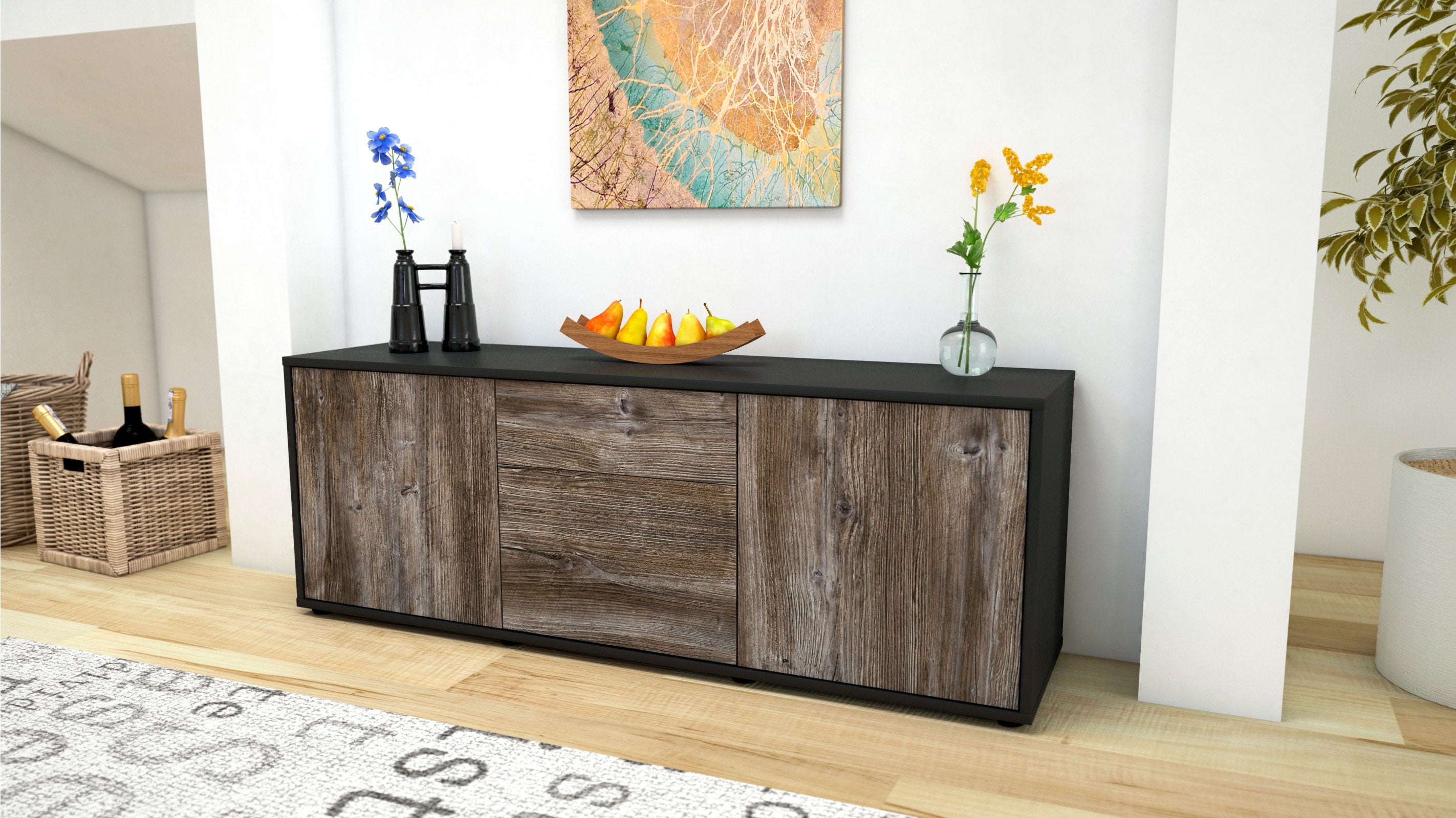 Lowboard - Anella - Design Holzdekor - Freistehend mit Push to Open 136 cm Anthrazit