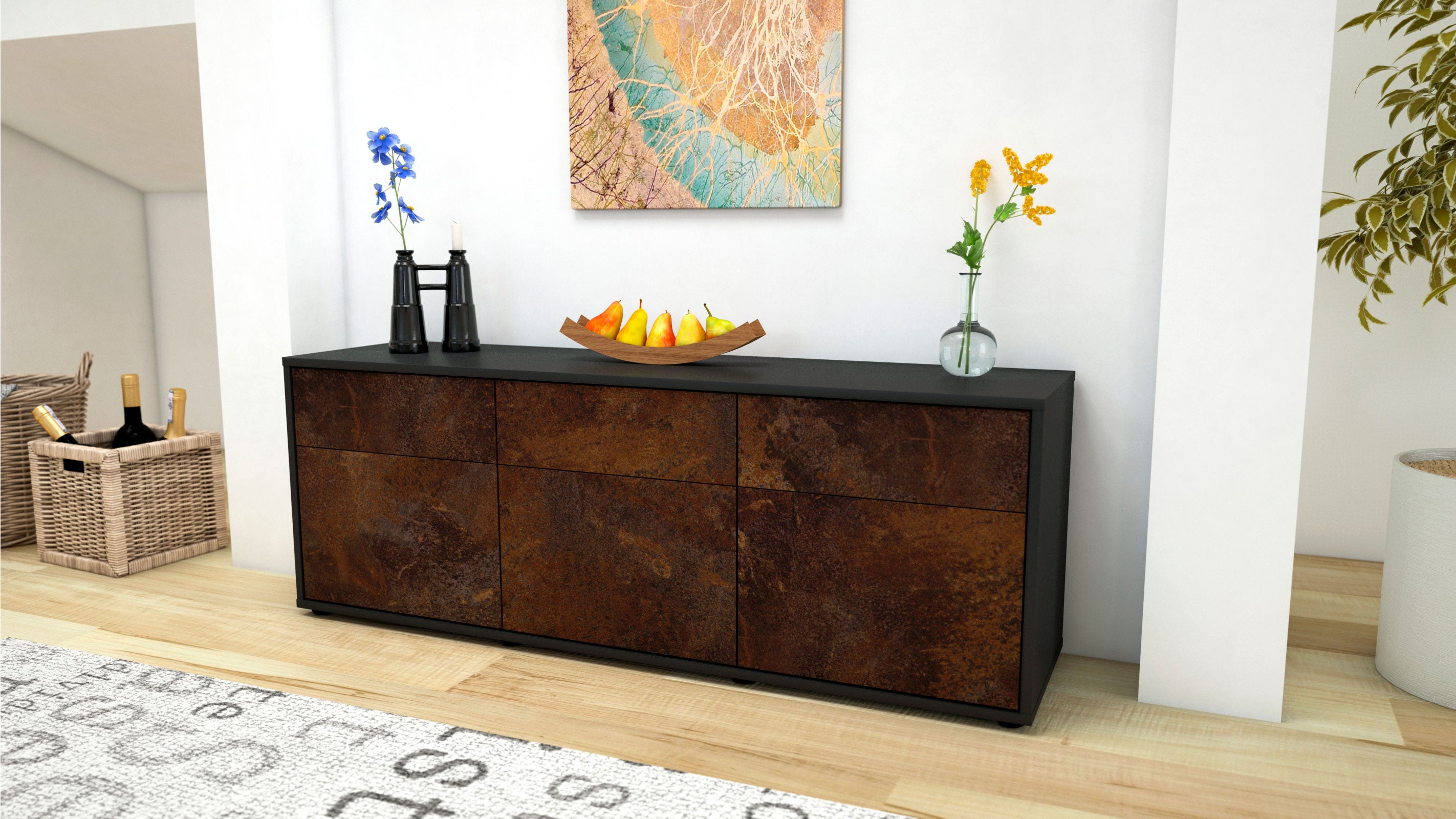 Lowboard - Angela - Design Industrie Stil - Freistehend mit Push to Open 136 cm Anthrazit