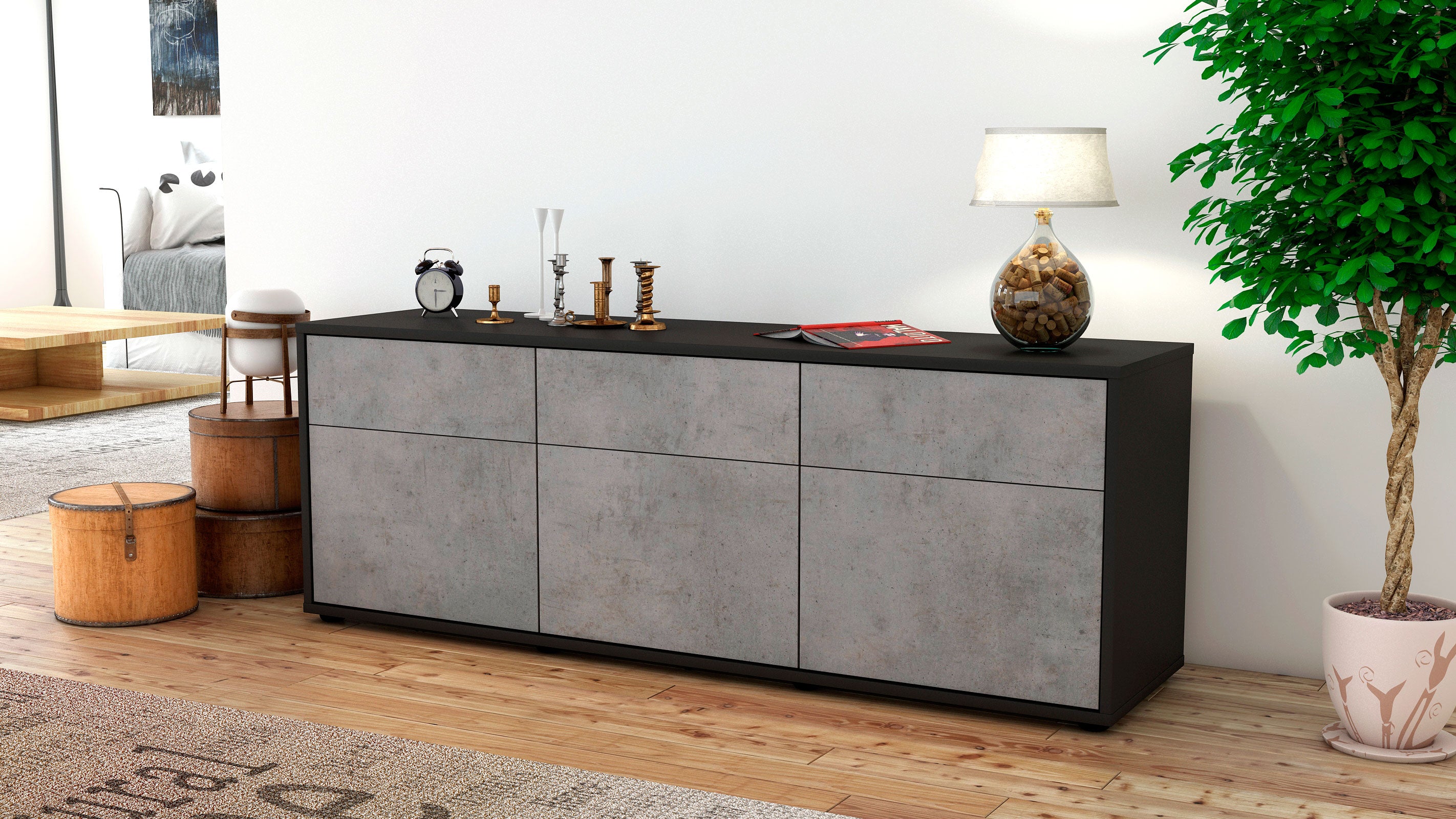 Lowboard - Angela - Design Industrie Stil - Freistehend mit Push to Open 136 cm Anthrazit
