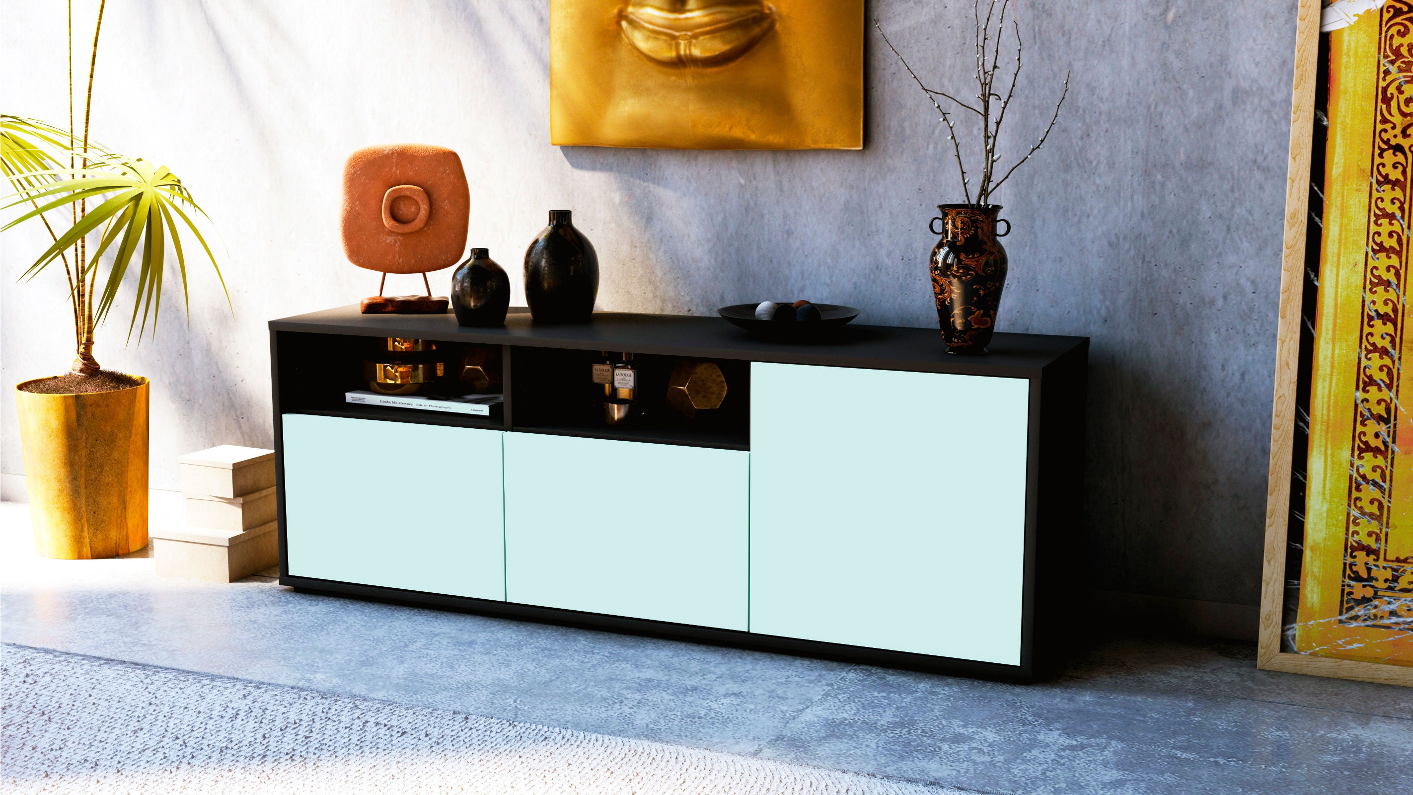 Lowboard - Anina - Design Farbakzent - Freistehend mit Push to Open 136 cm Anthrazit