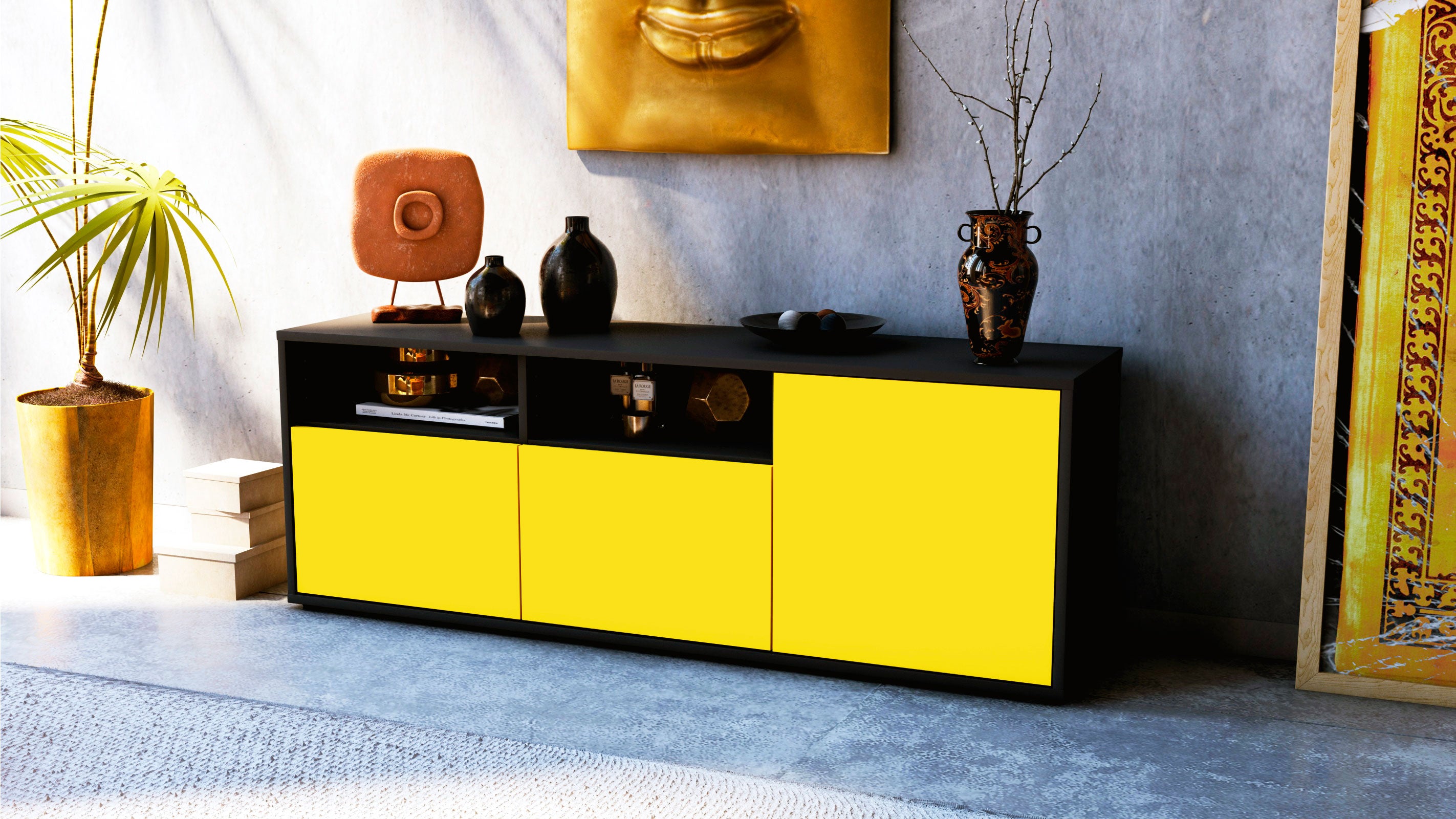 Lowboard - Anina - Design Farbakzent - Freistehend mit Push to Open 136 cm Anthrazit