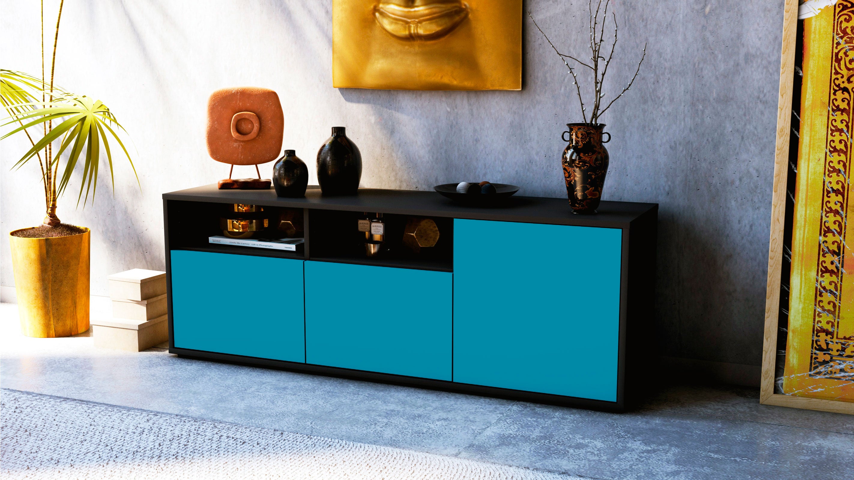 Lowboard - Anina - Design Farbakzent - Freistehend mit Push to Open 136 cm Anthrazit