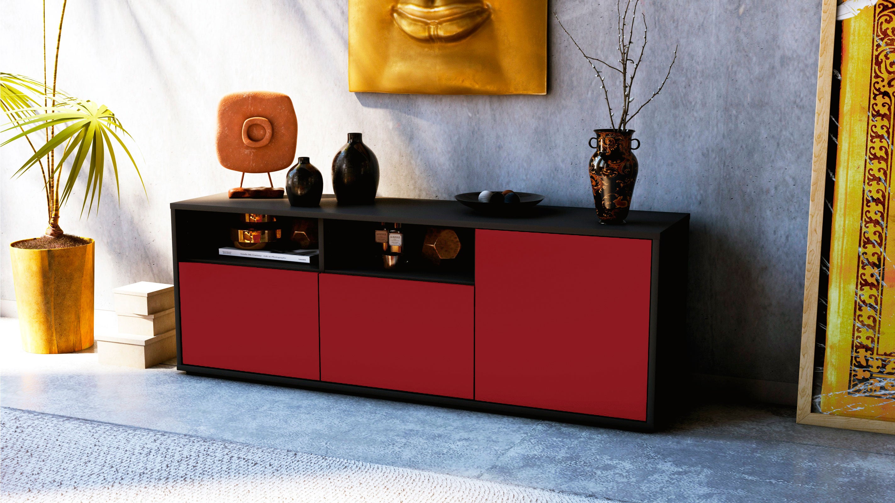 Lowboard - Anina - Design Farbakzent - Freistehend mit Push to Open 136 cm Anthrazit