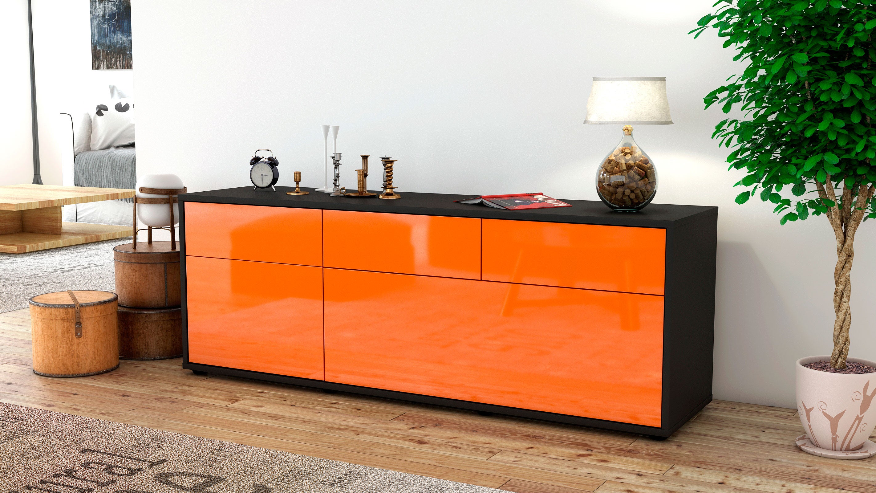 Lowboard - Anjelika - Design Hochglanz - Freistehend mit Push to Open 136 cm Anthrazit