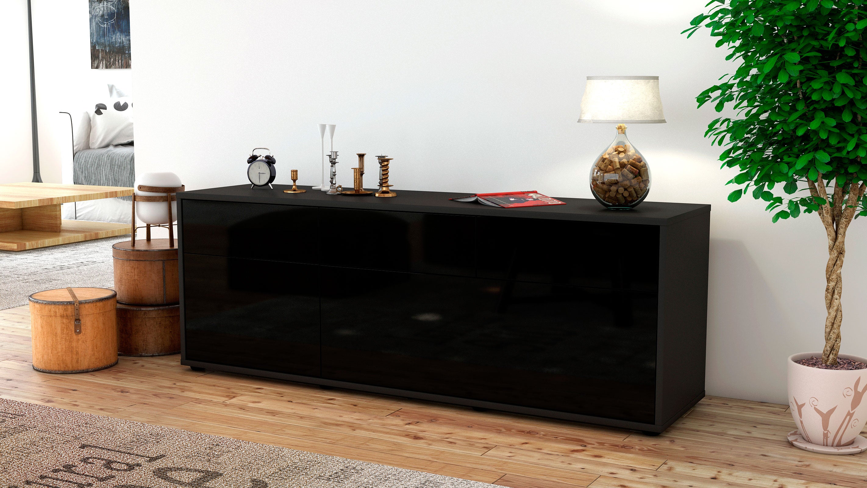 Lowboard - Anjelika - Design Hochglanz - Freistehend mit Push to Open 136 cm Anthrazit