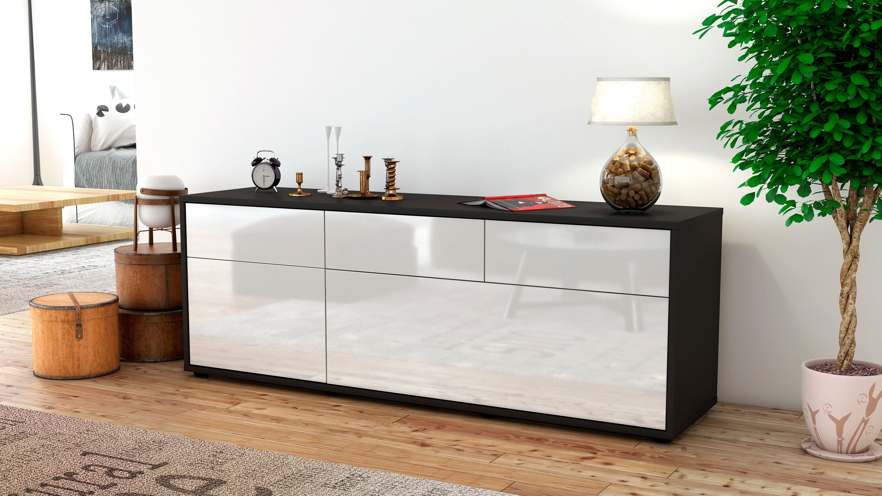 Lowboard - Anjelika - Design Hochglanz - Freistehend mit Push to Open 136 cm Anthrazit