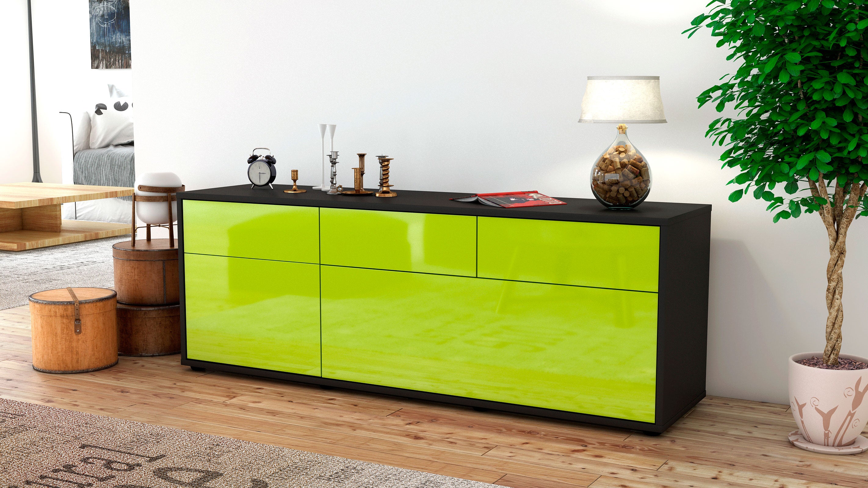 Lowboard - Anjelika - Design Hochglanz - Freistehend mit Push to Open 136 cm Anthrazit