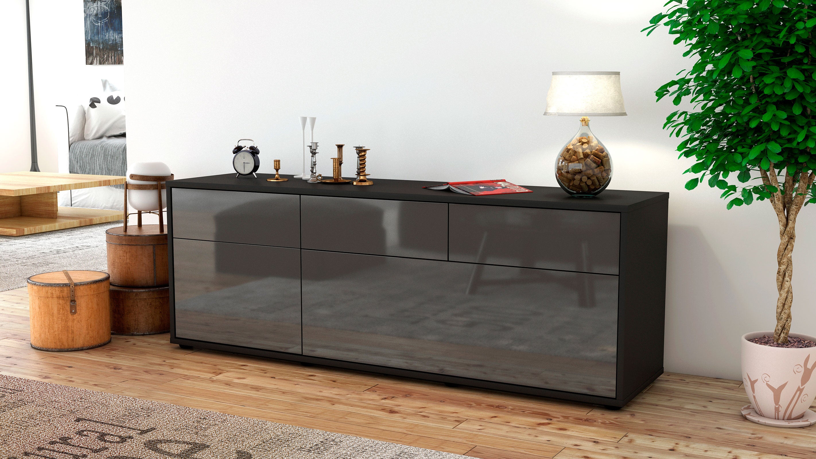 Lowboard - Anjelika - Design Hochglanz - Freistehend mit Push to Open 136 cm Anthrazit