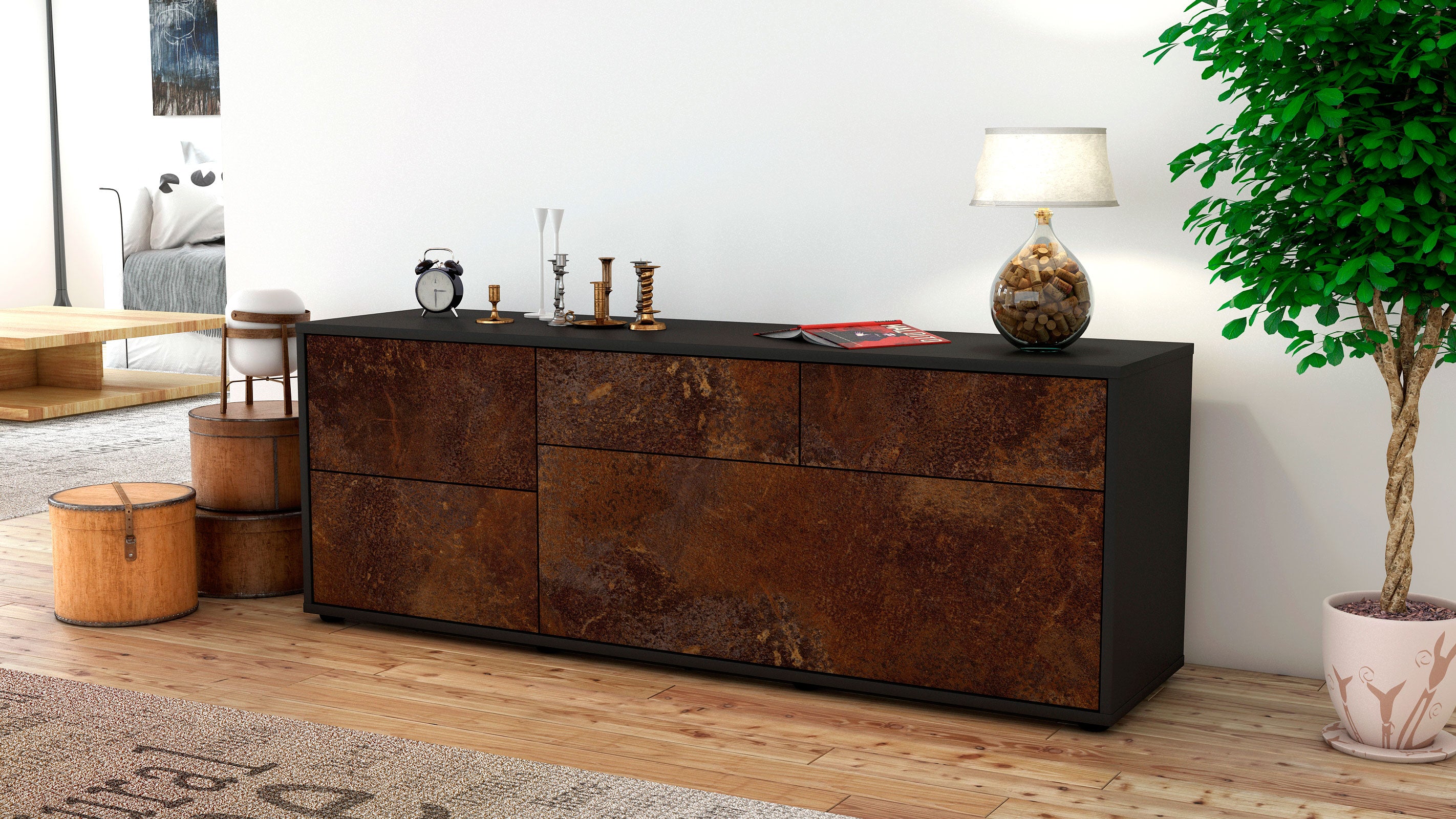 Lowboard - Anna - Design Industrie Stil - Freistehend mit Push to Open 136 cm Anthrazit