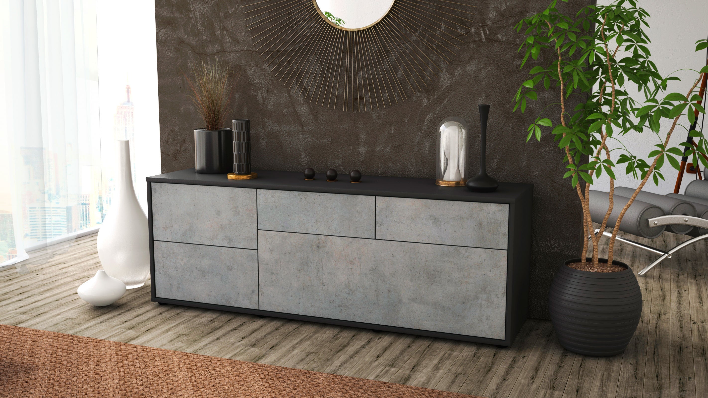 Lowboard - Anna - Design Industrie Stil - Freistehend mit Push to Open 136 cm Anthrazit