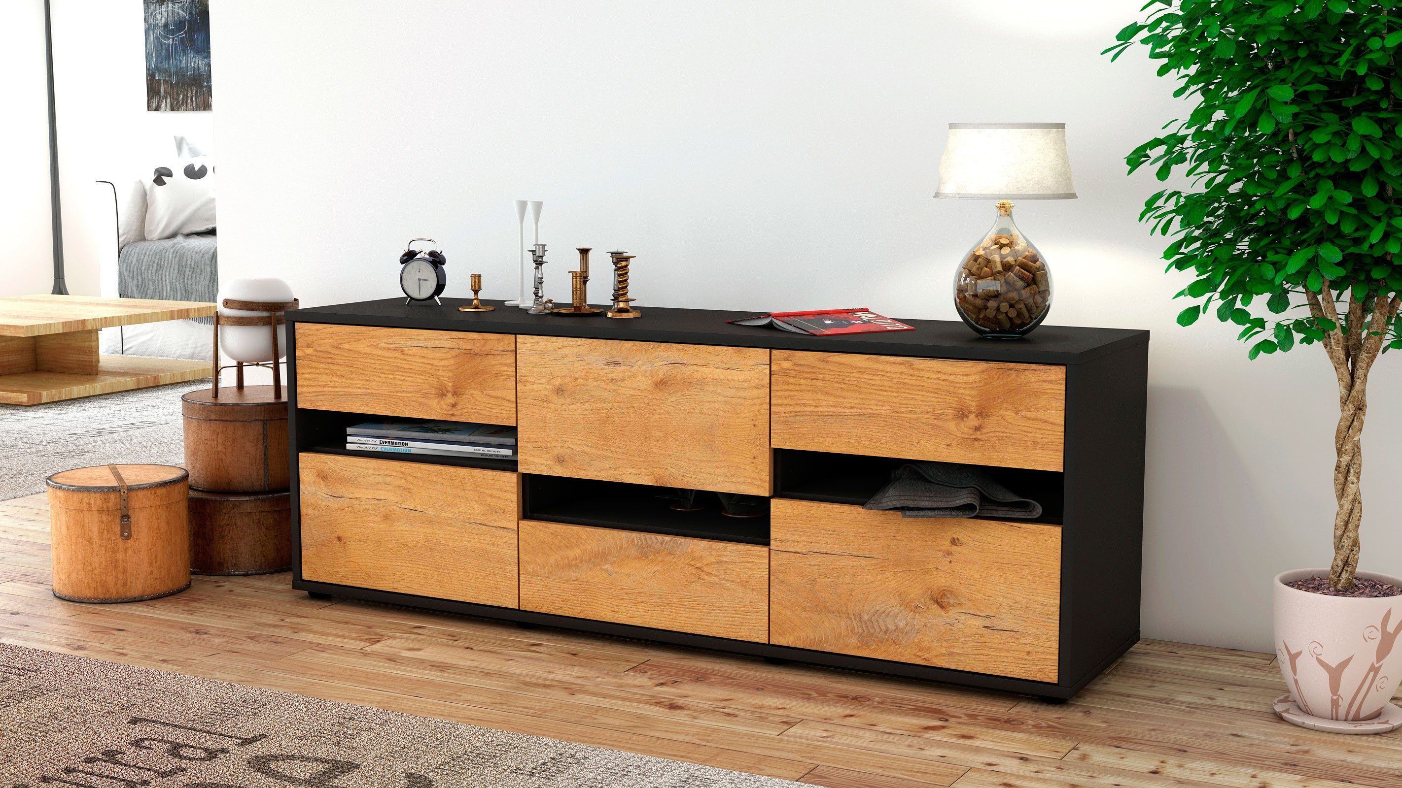 Lowboard - Annalisa - Design Holzdekor - Freistehend mit Push to Open 136 cm Anthrazit