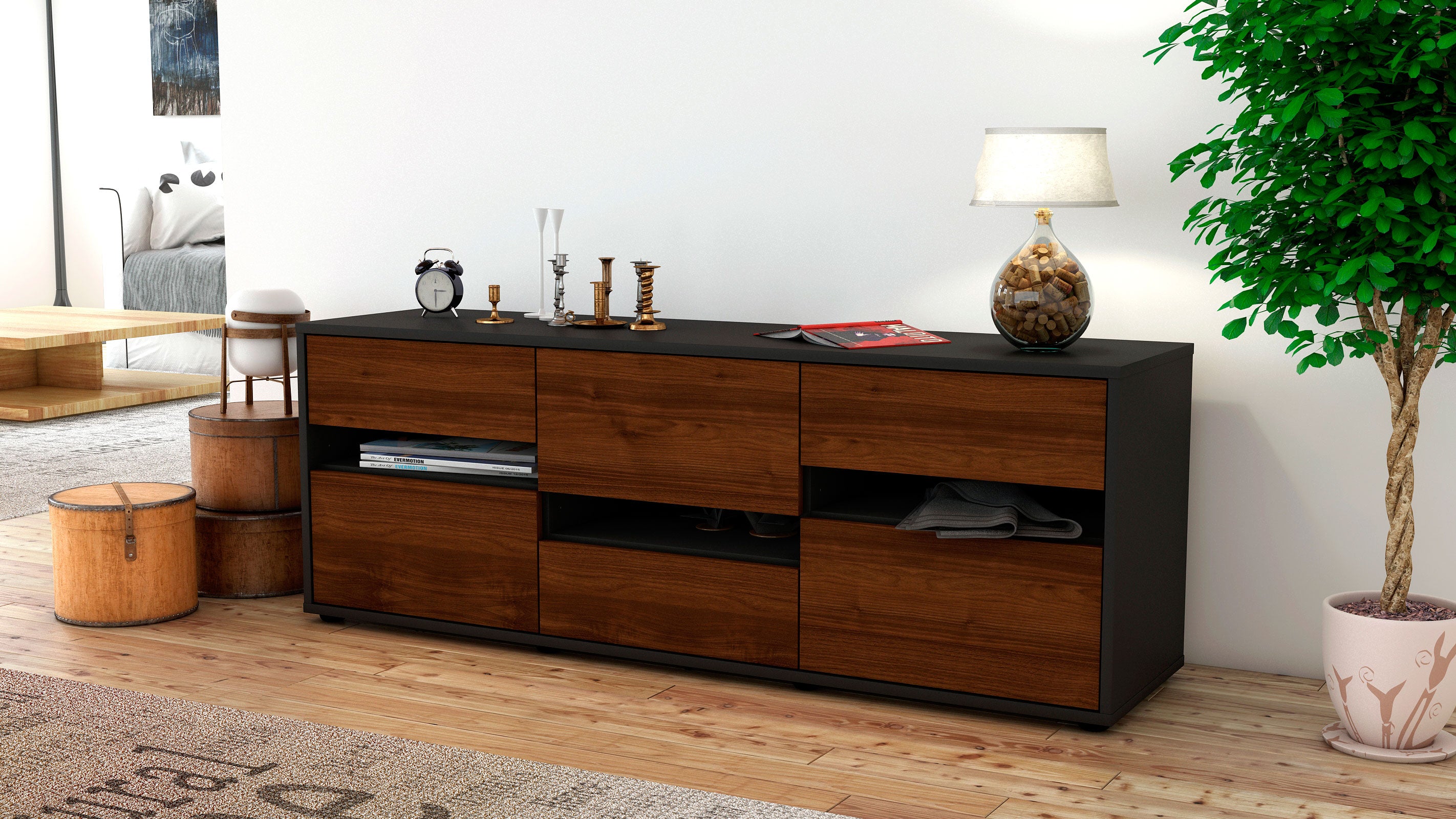 Lowboard - Annalisa - Design Holzdekor - Freistehend mit Push to Open 136 cm Anthrazit
