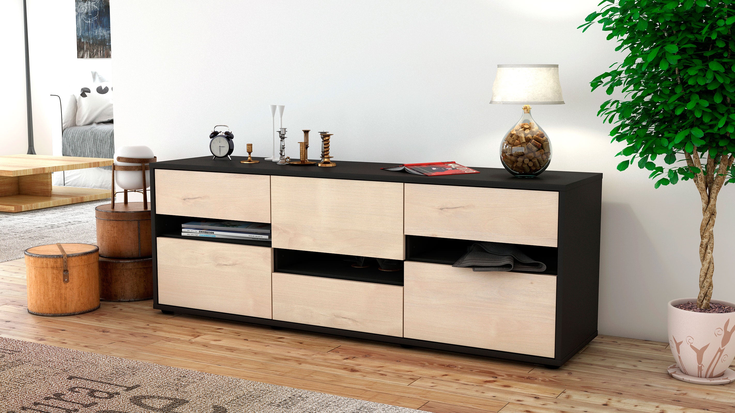 Lowboard - Annalisa - Design Holzdekor - Freistehend mit Push to Open 136 cm Anthrazit