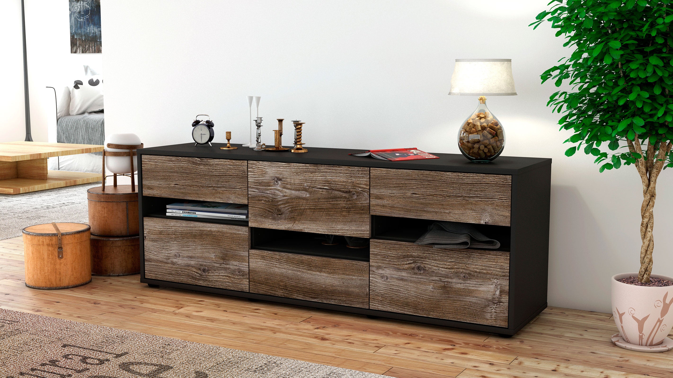 Lowboard - Annalisa - Design Holzdekor - Freistehend mit Push to Open 136 cm Anthrazit