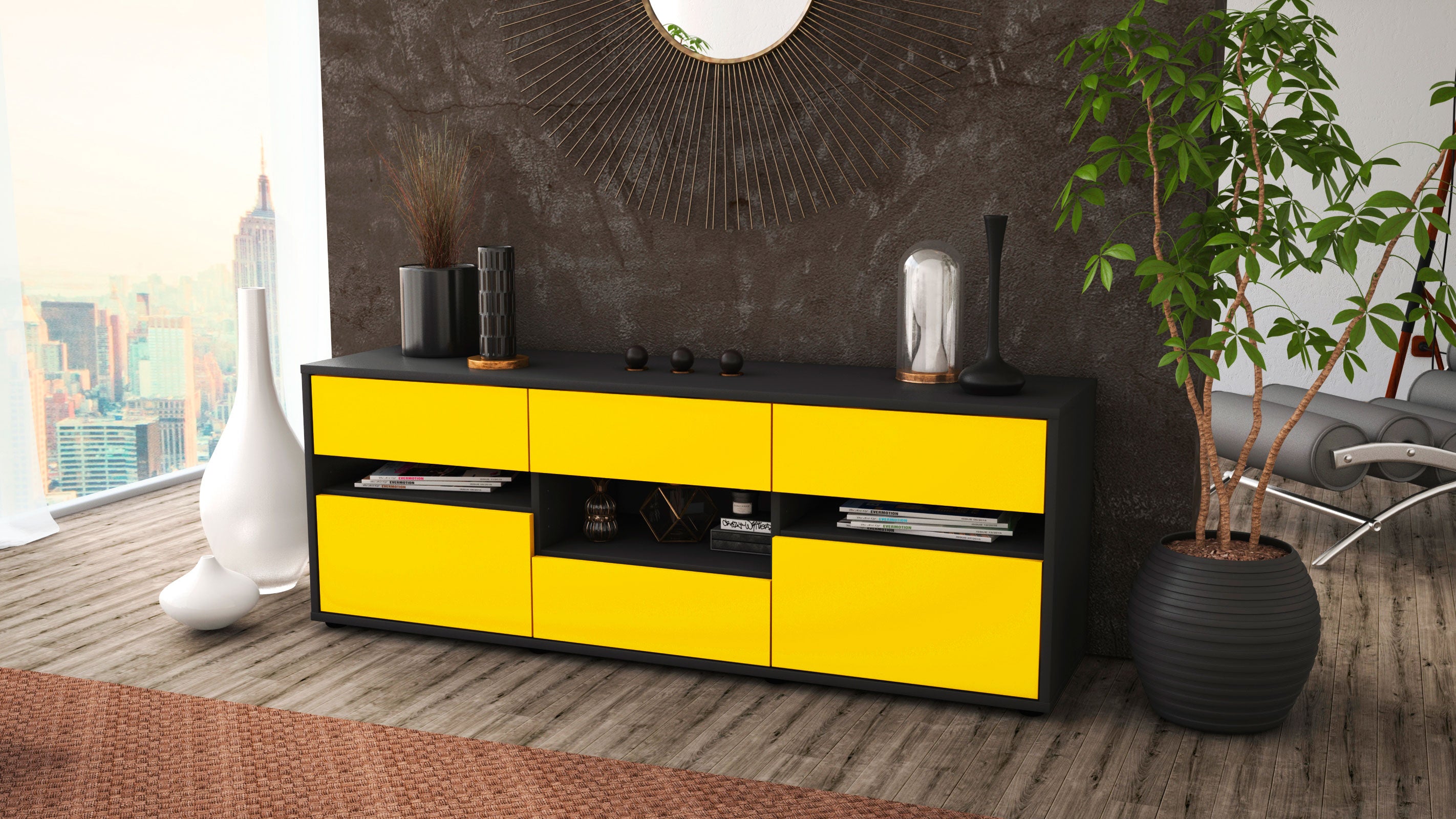 Lowboard - Annamaria - Design Farbakzent - Freistehend mit Push to Open 136 cm Anthrazit