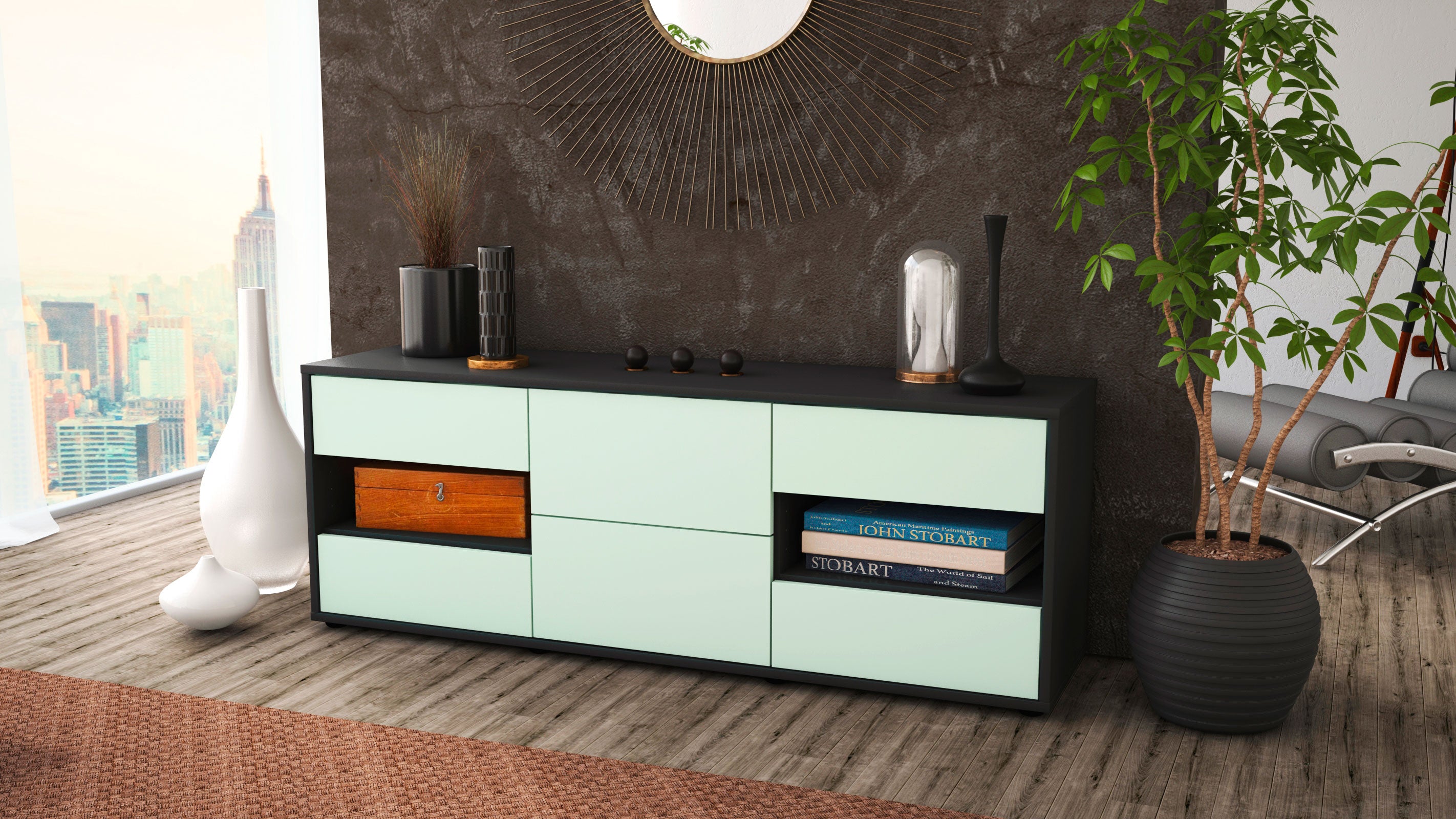 Lowboard - Anni - Design Farbakzent - Freistehend mit Push to Open 136 cm Anthrazit