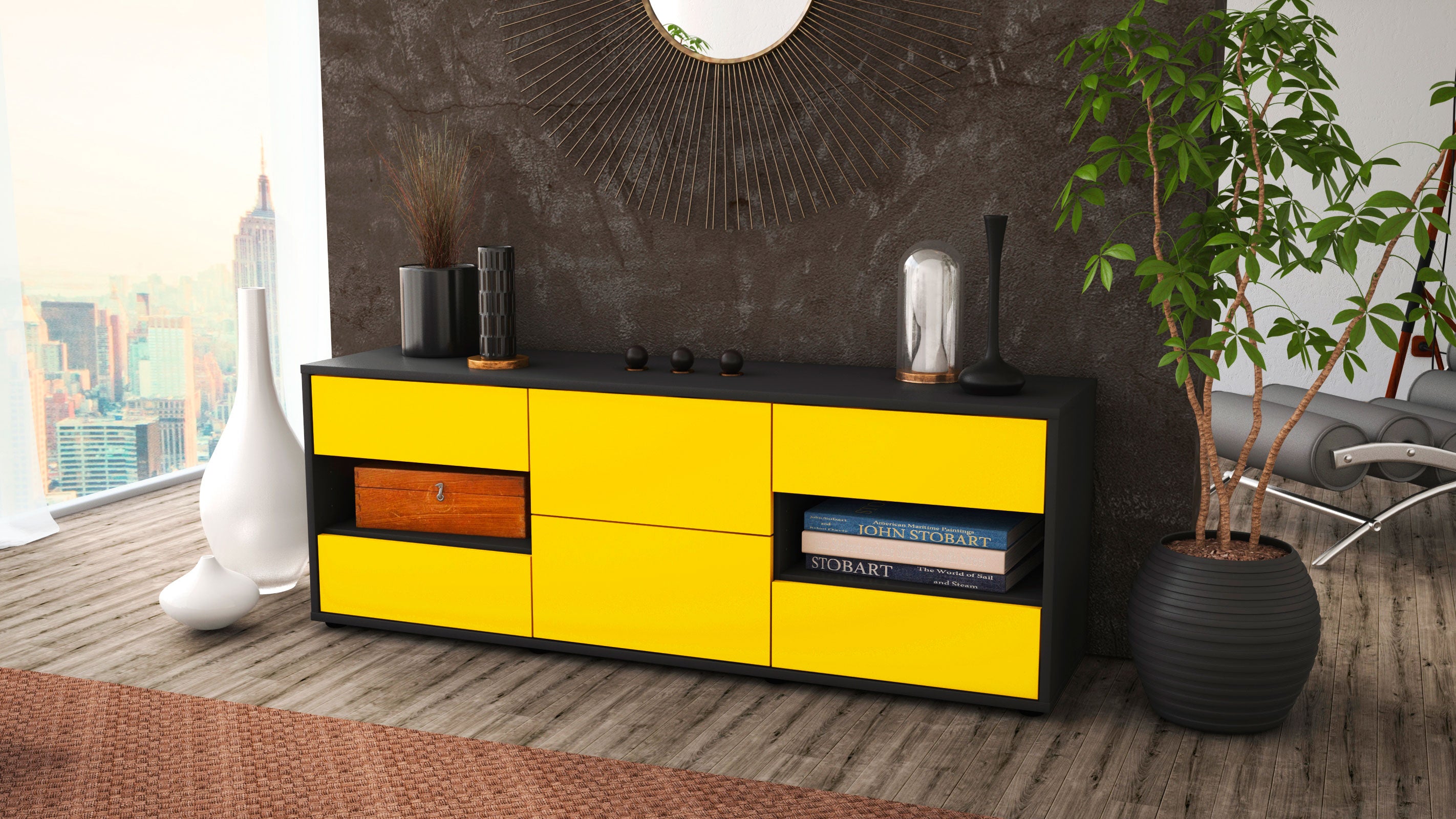 Lowboard - Anni - Design Farbakzent - Freistehend mit Push to Open 136 cm Anthrazit