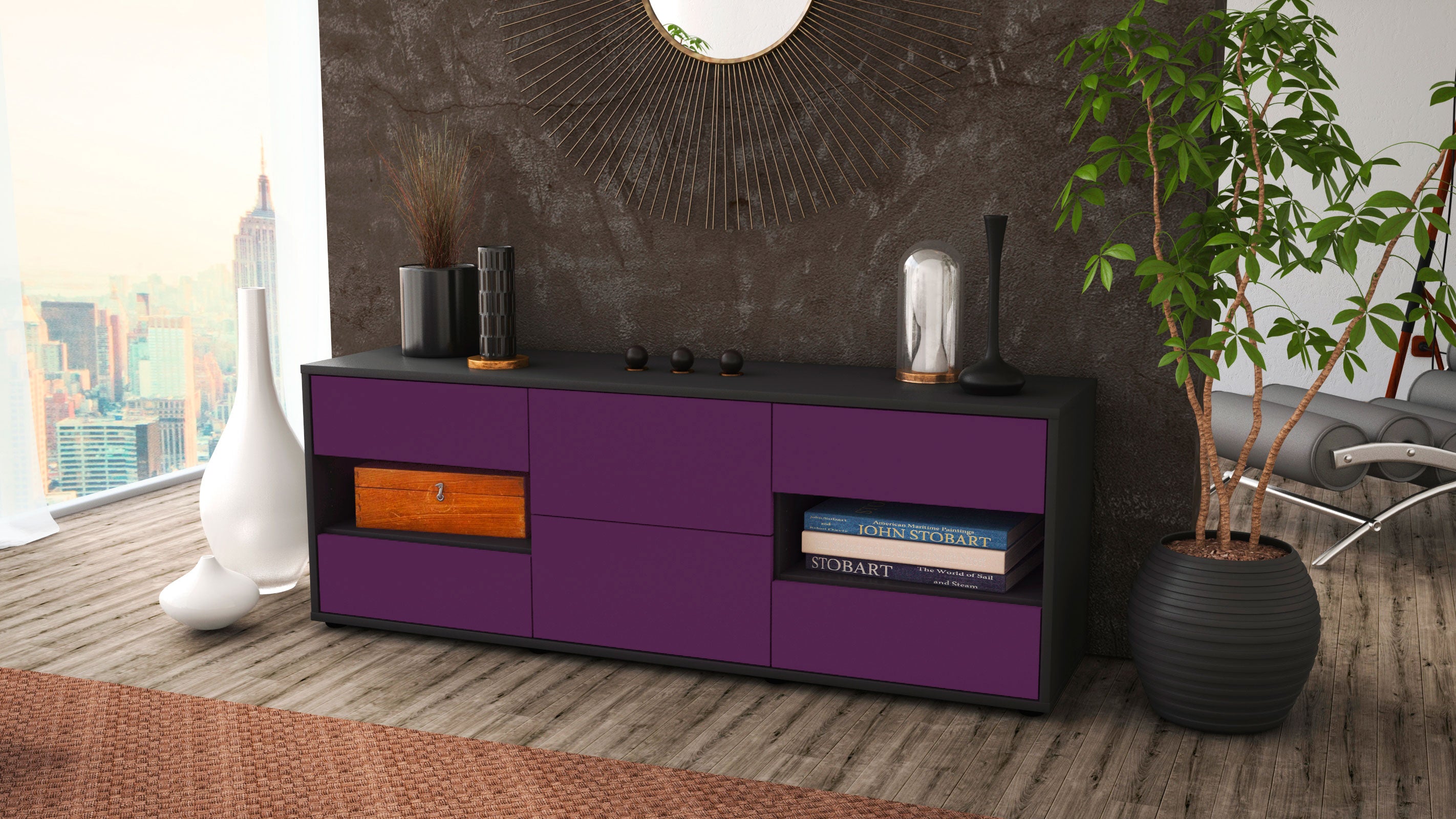 Lowboard - Anni - Design Farbakzent - Freistehend mit Push to Open 136 cm Anthrazit