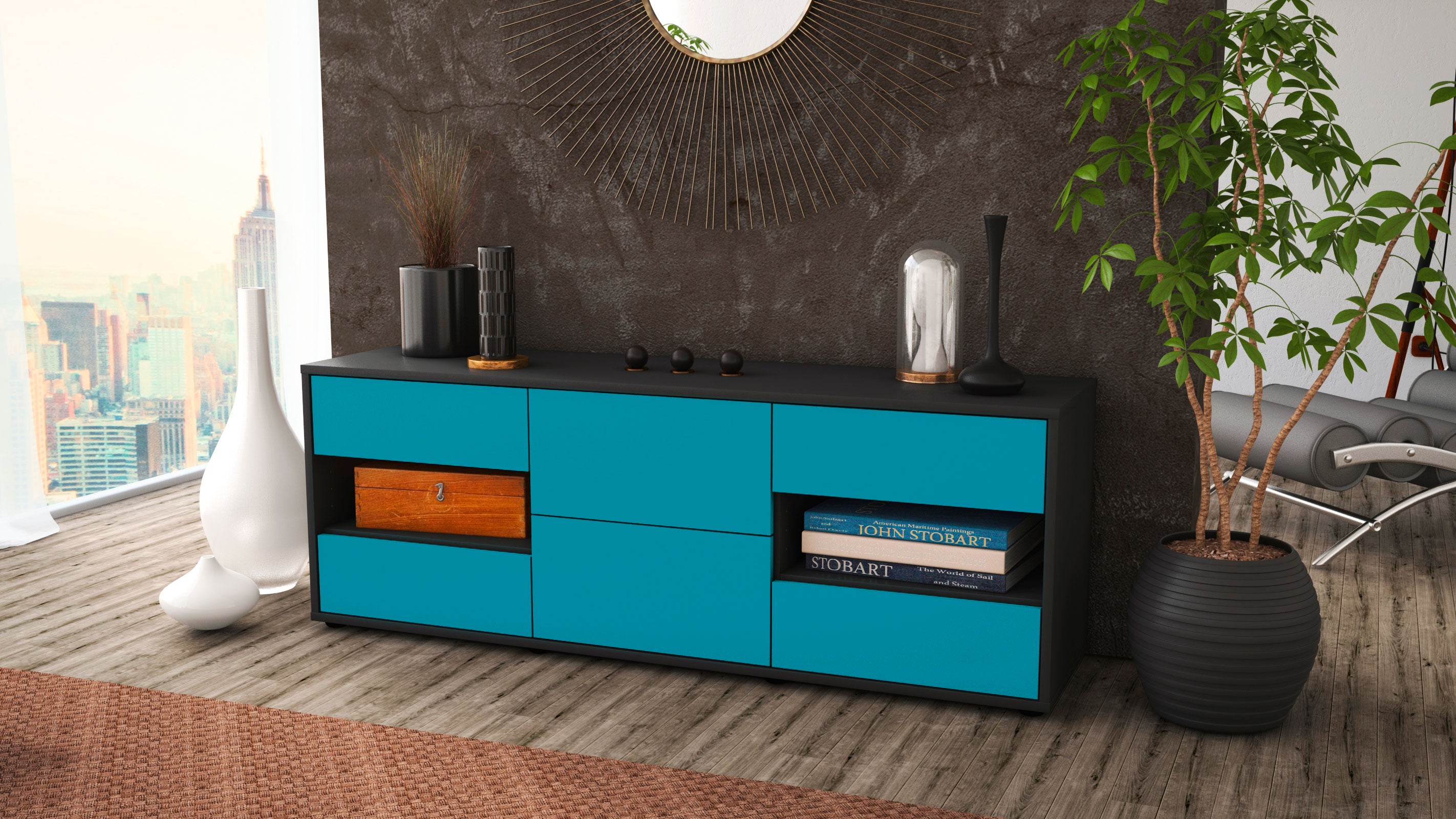 Lowboard - Anni - Design Farbakzent - Freistehend mit Push to Open 136 cm Anthrazit