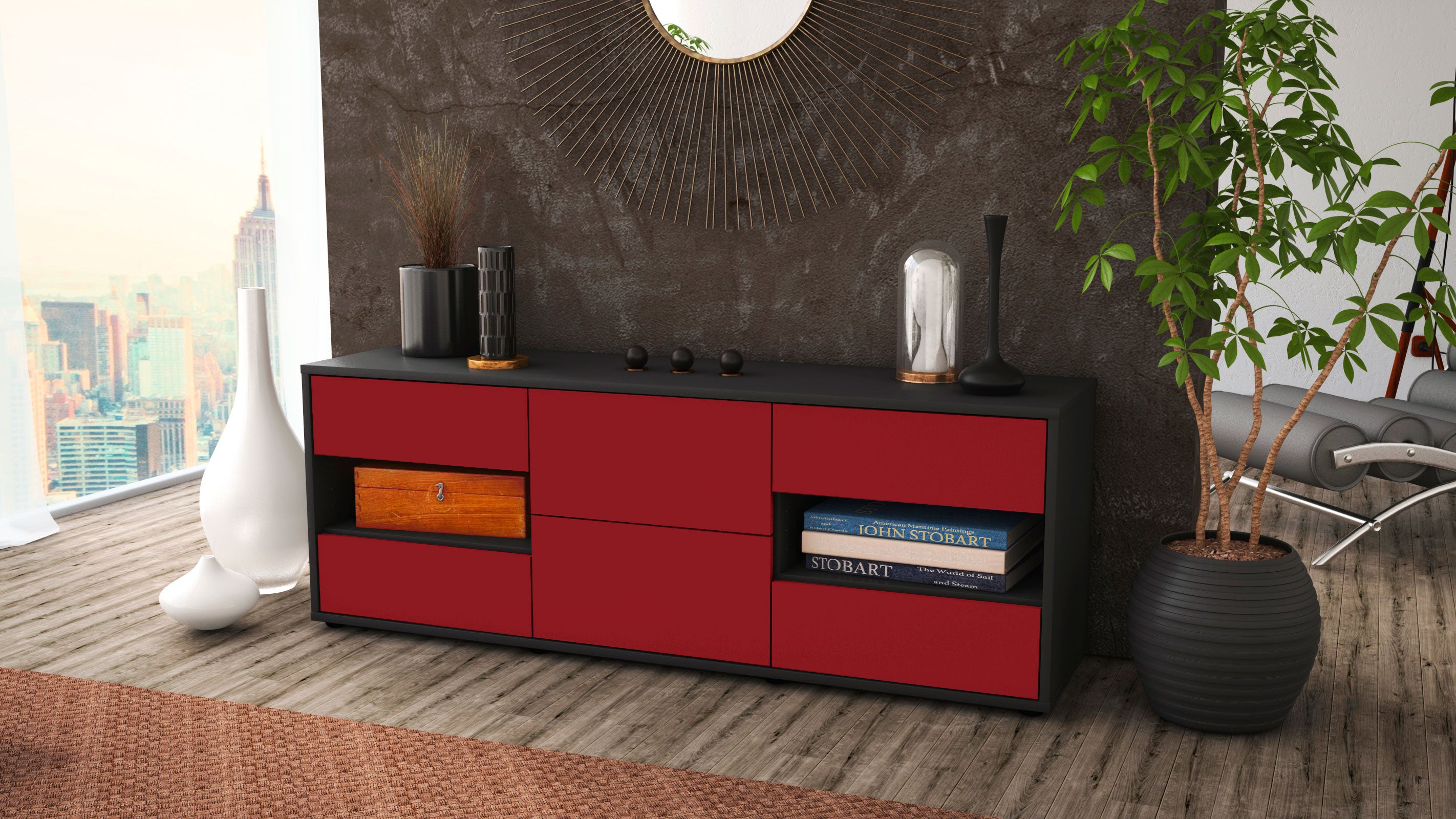Lowboard - Anni - Design Farbakzent - Freistehend mit Push to Open 136 cm Anthrazit
