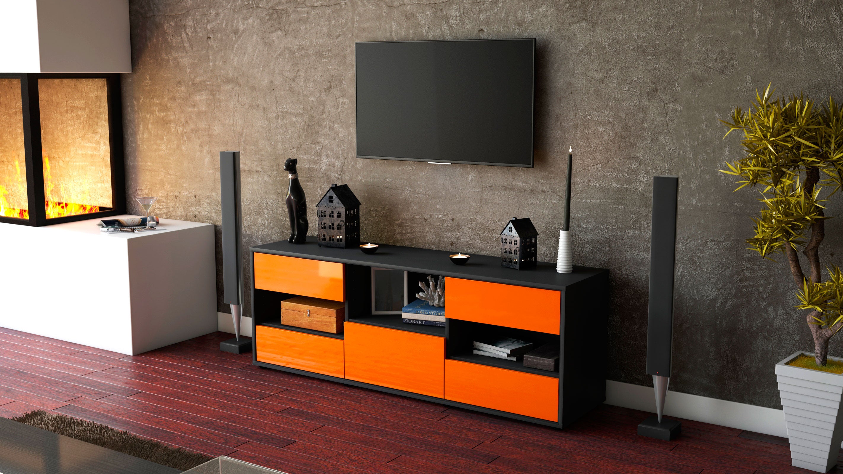 Lowboard - Annunziata - Design Hochglanz - Freistehend mit Push to Open 136 cm Anthrazit