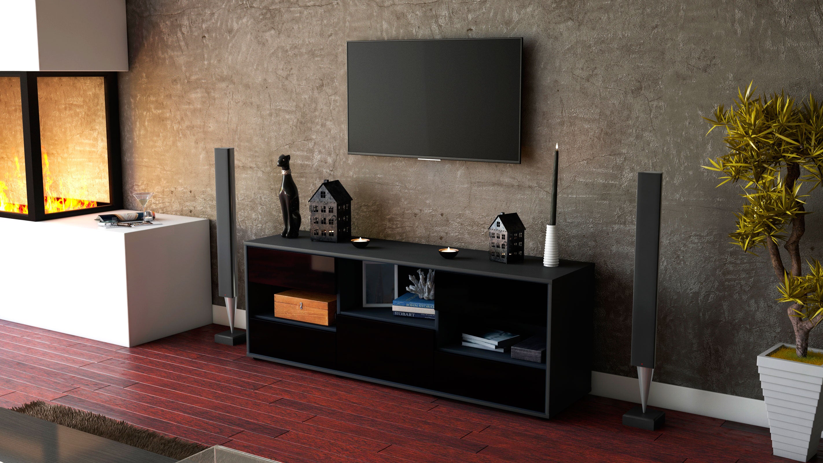 Lowboard - Annunziata - Design Hochglanz - Freistehend mit Push to Open 136 cm Anthrazit