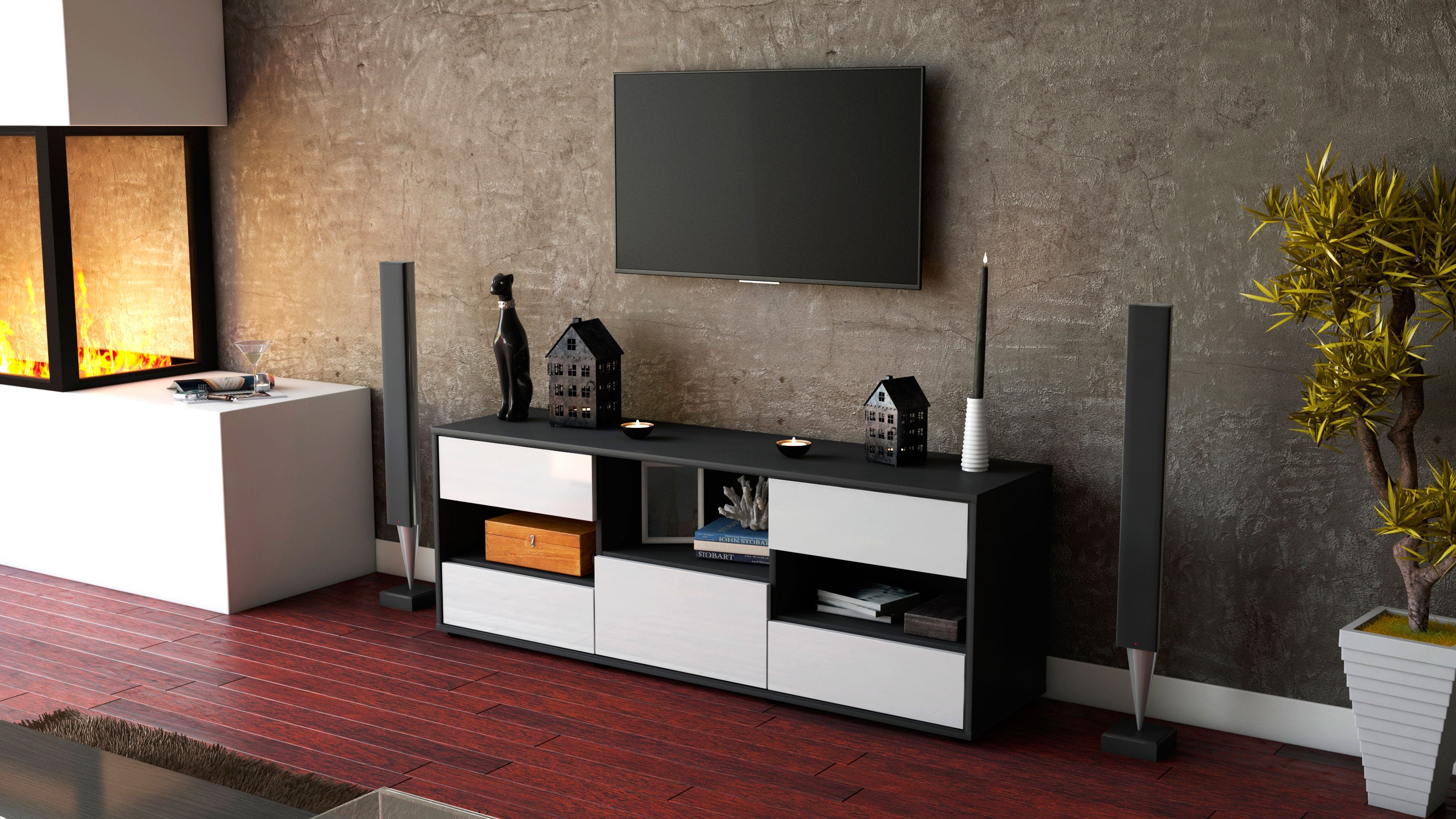 Lowboard - Annunziata - Design Hochglanz - Freistehend mit Push to Open 136 cm Anthrazit