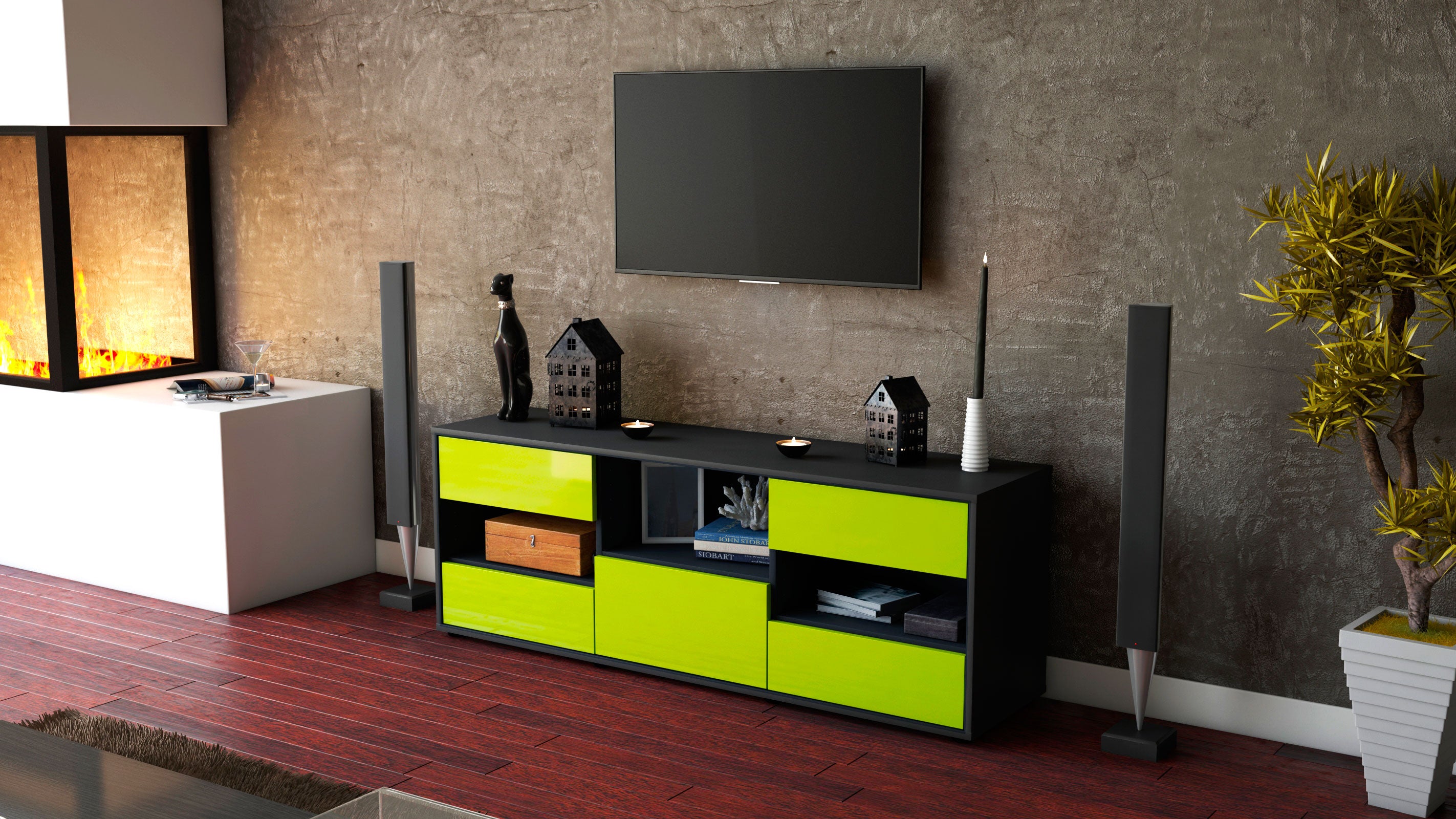 Lowboard - Annunziata - Design Hochglanz - Freistehend mit Push to Open 136 cm Anthrazit