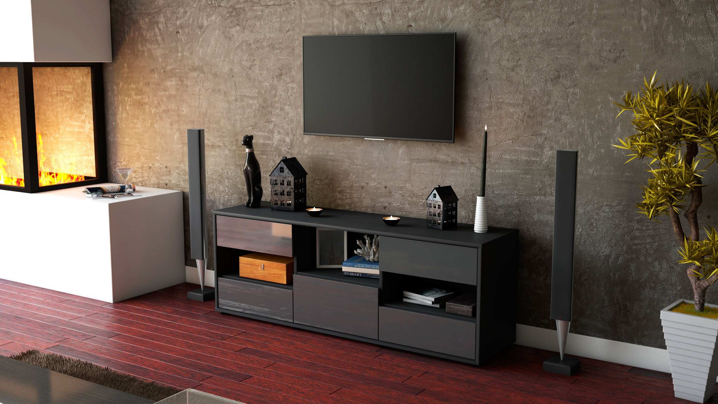 Lowboard - Annunziata - Design Hochglanz - Freistehend mit Push to Open 136 cm Anthrazit