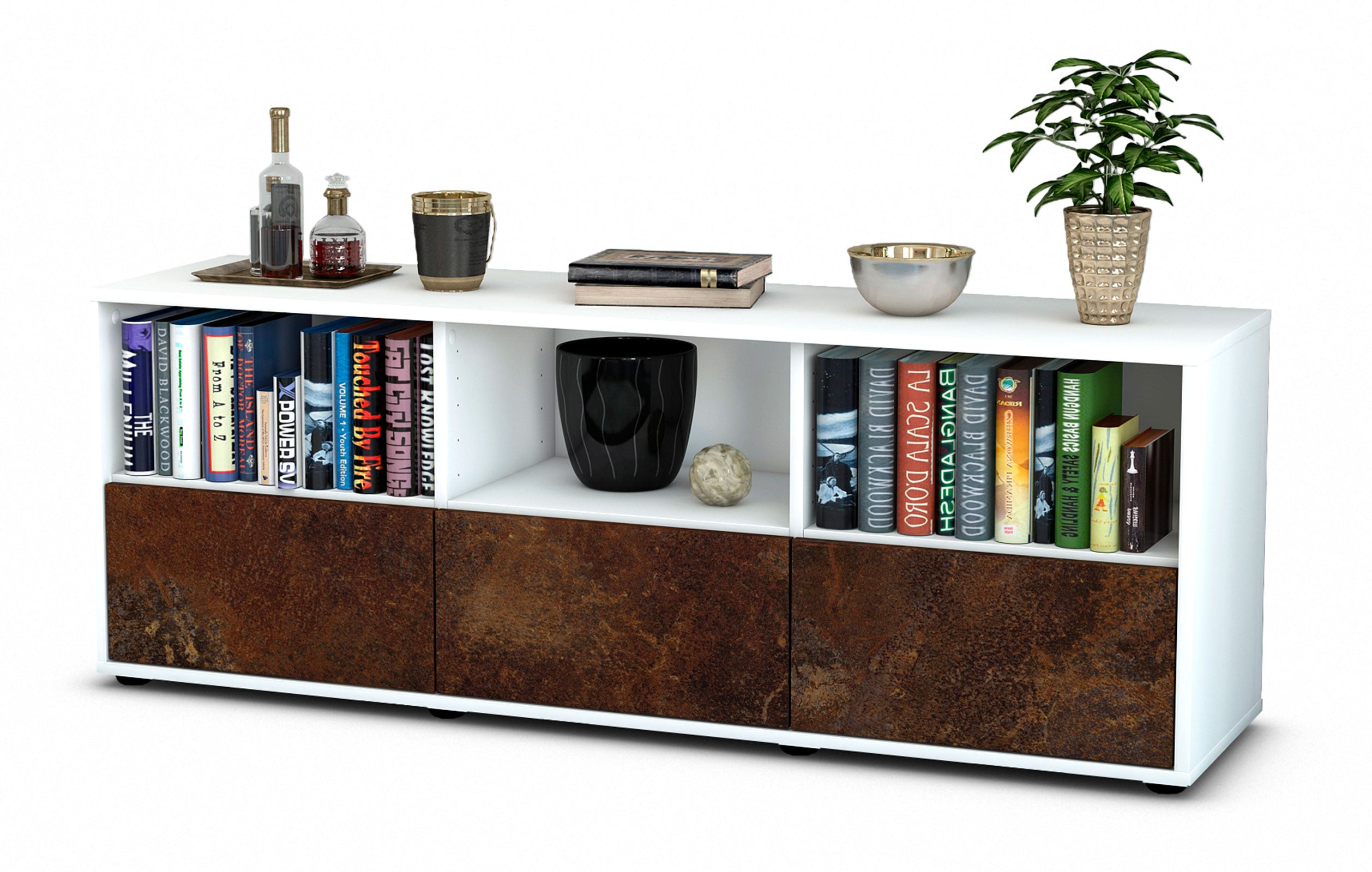 Lowboard - Amalia - Design Industrie Stil - Freistehend mit Push to Open 136 cm Weiss