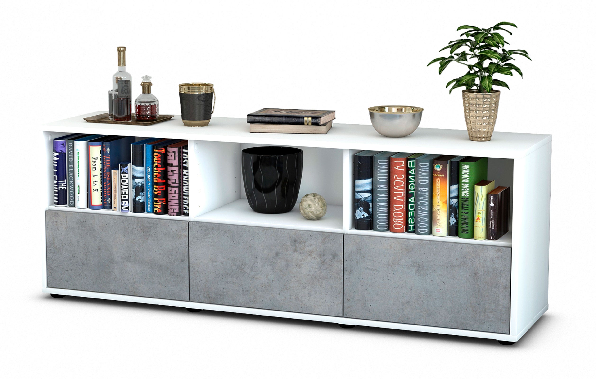 Lowboard - Amalia - Design Industrie Stil - Freistehend mit Push to Open 136 cm Weiss