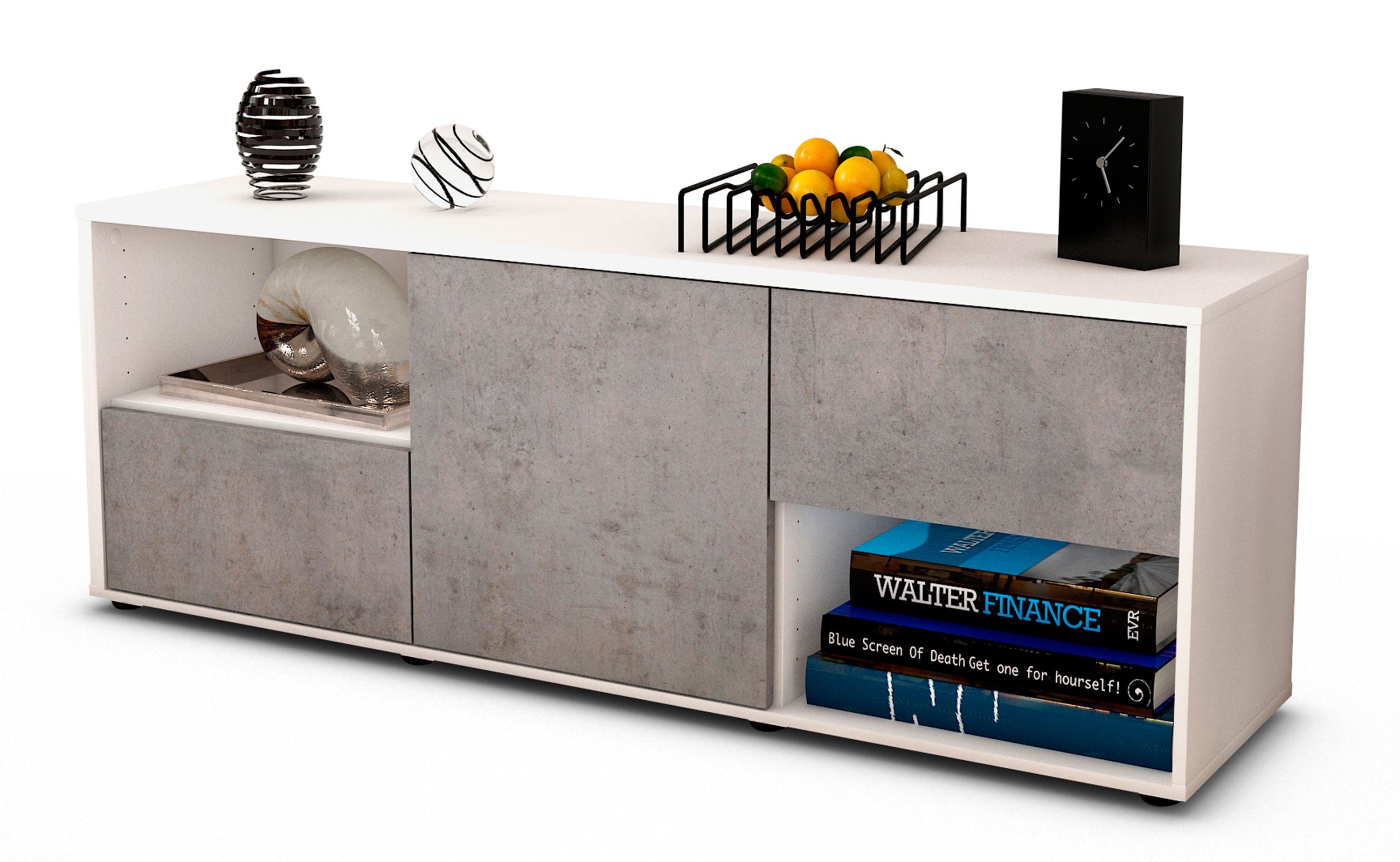 Lowboard - Ambra - Design Industrie Stil - Freistehend mit Push to Open 136 cm Weiss