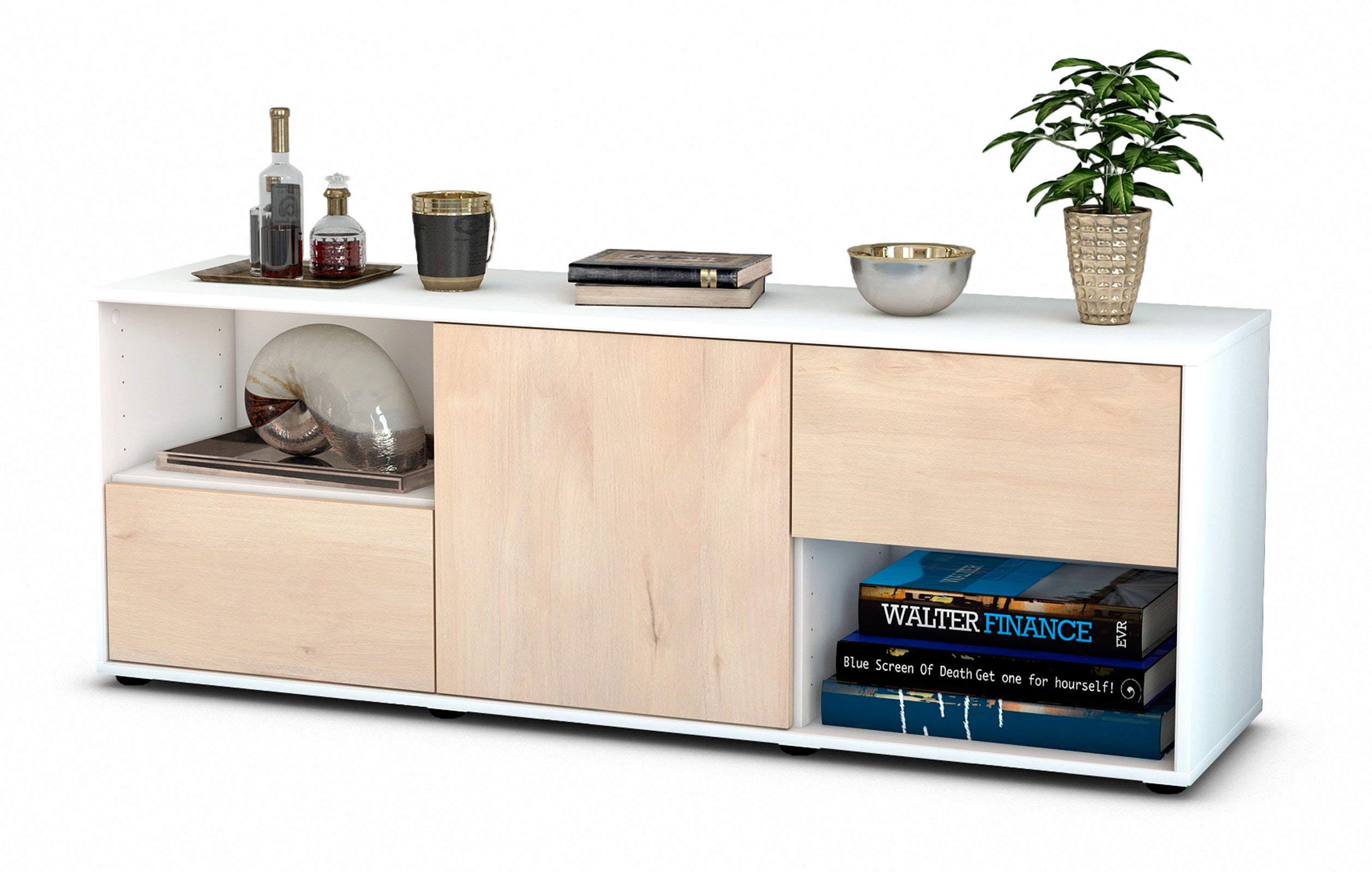 Lowboard - Ambra - Design Holzdekor - Freistehend mit Push to Open 136 cm Weiss